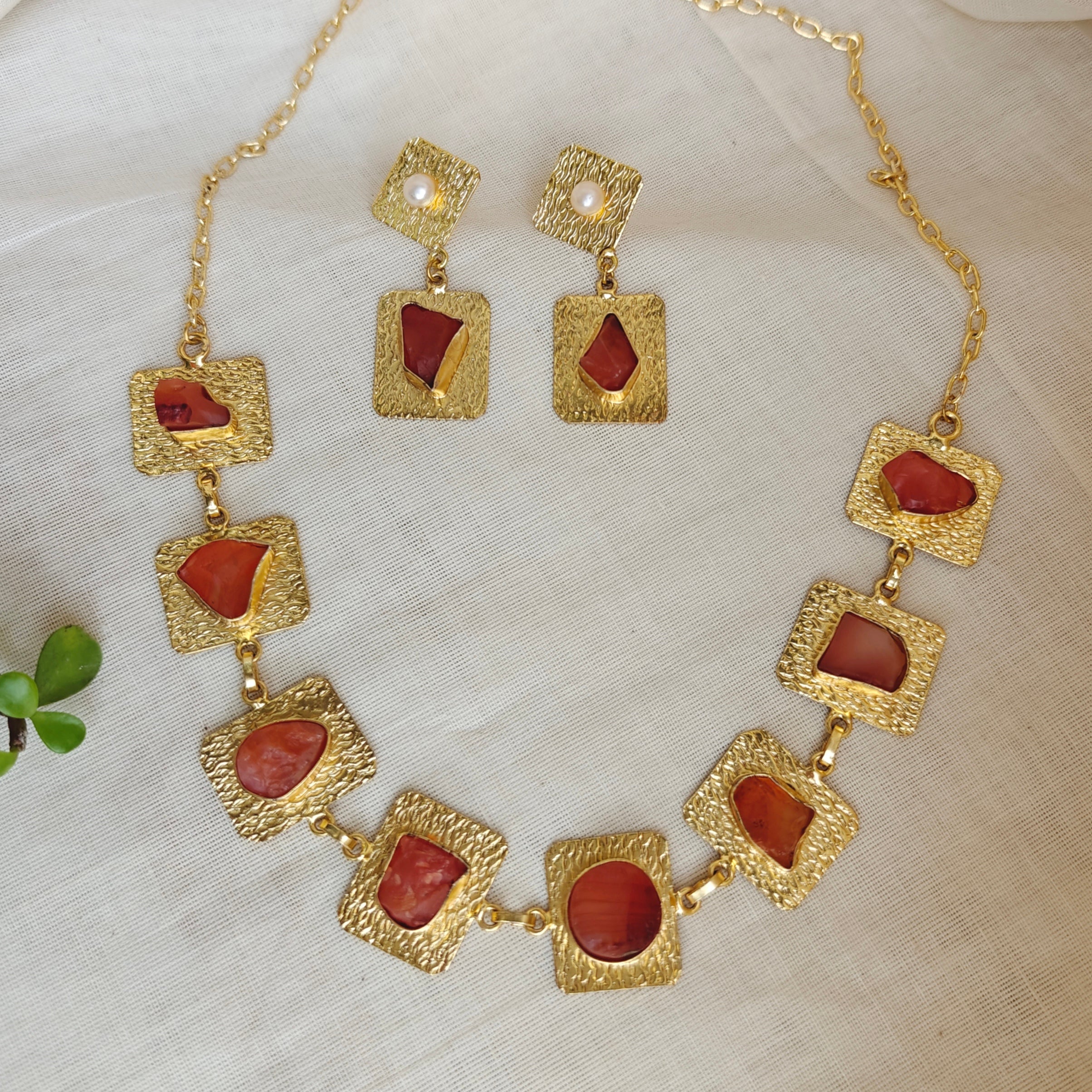 Bohemian Textured Raw Carnelian necklace set