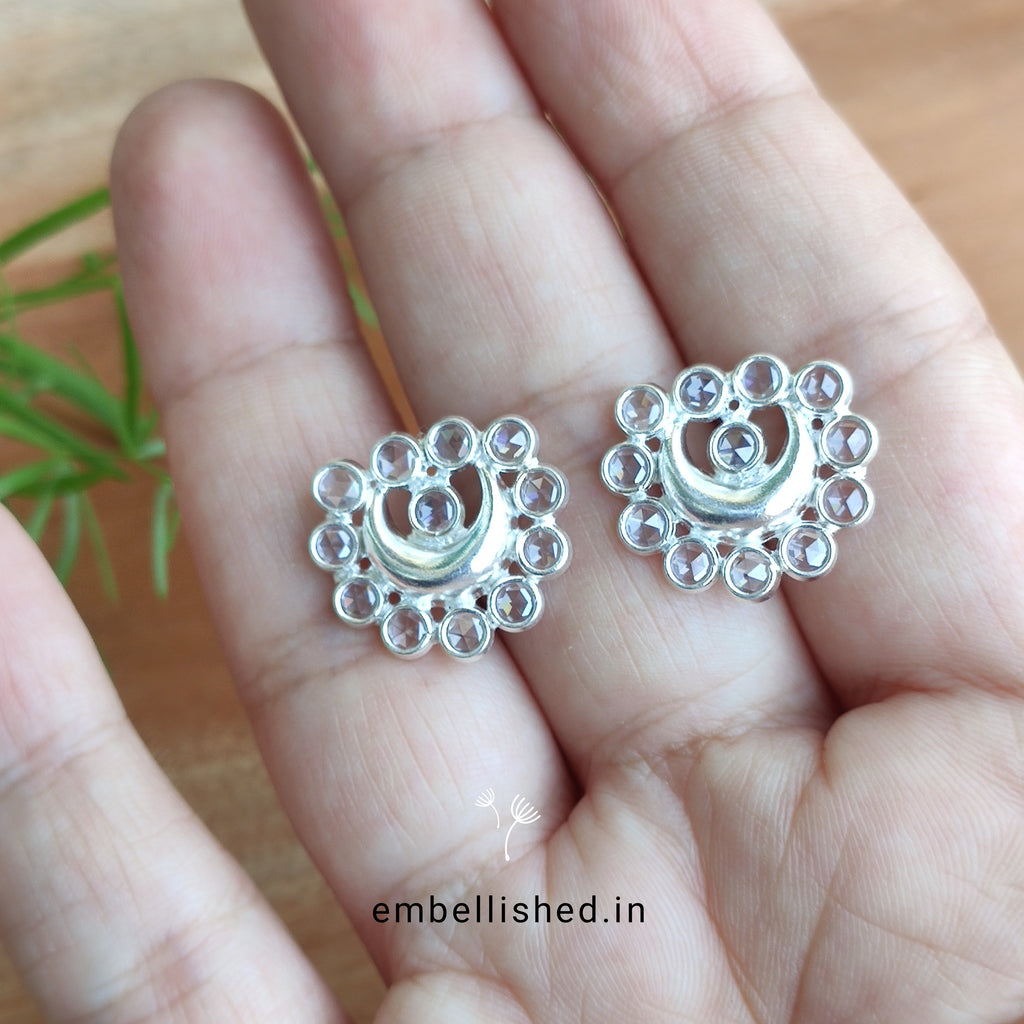 92.5 Sterling Silver Crystal Polki chandramukhi studs - Silver