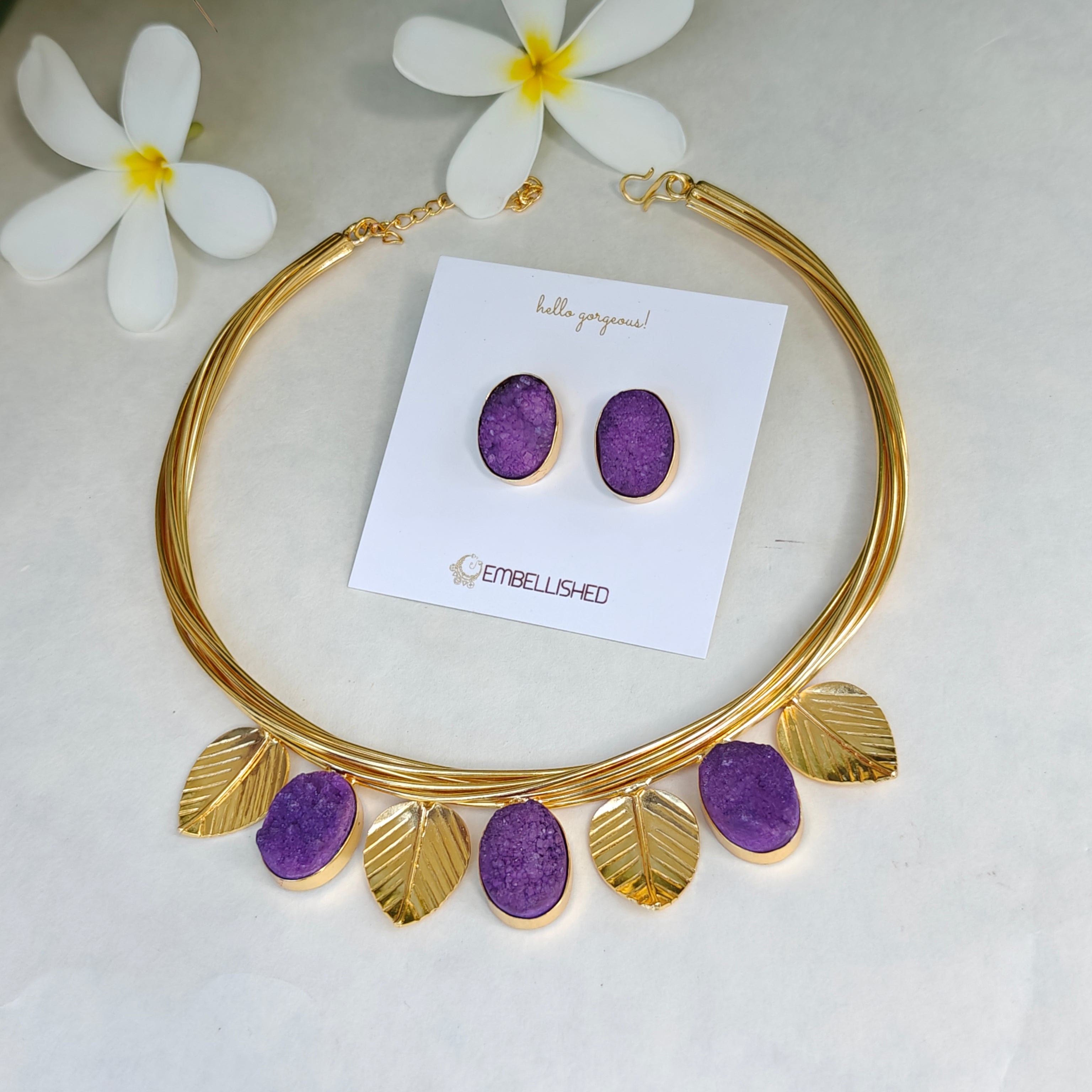 Purple Druzy Leaf Collar Necklace Set