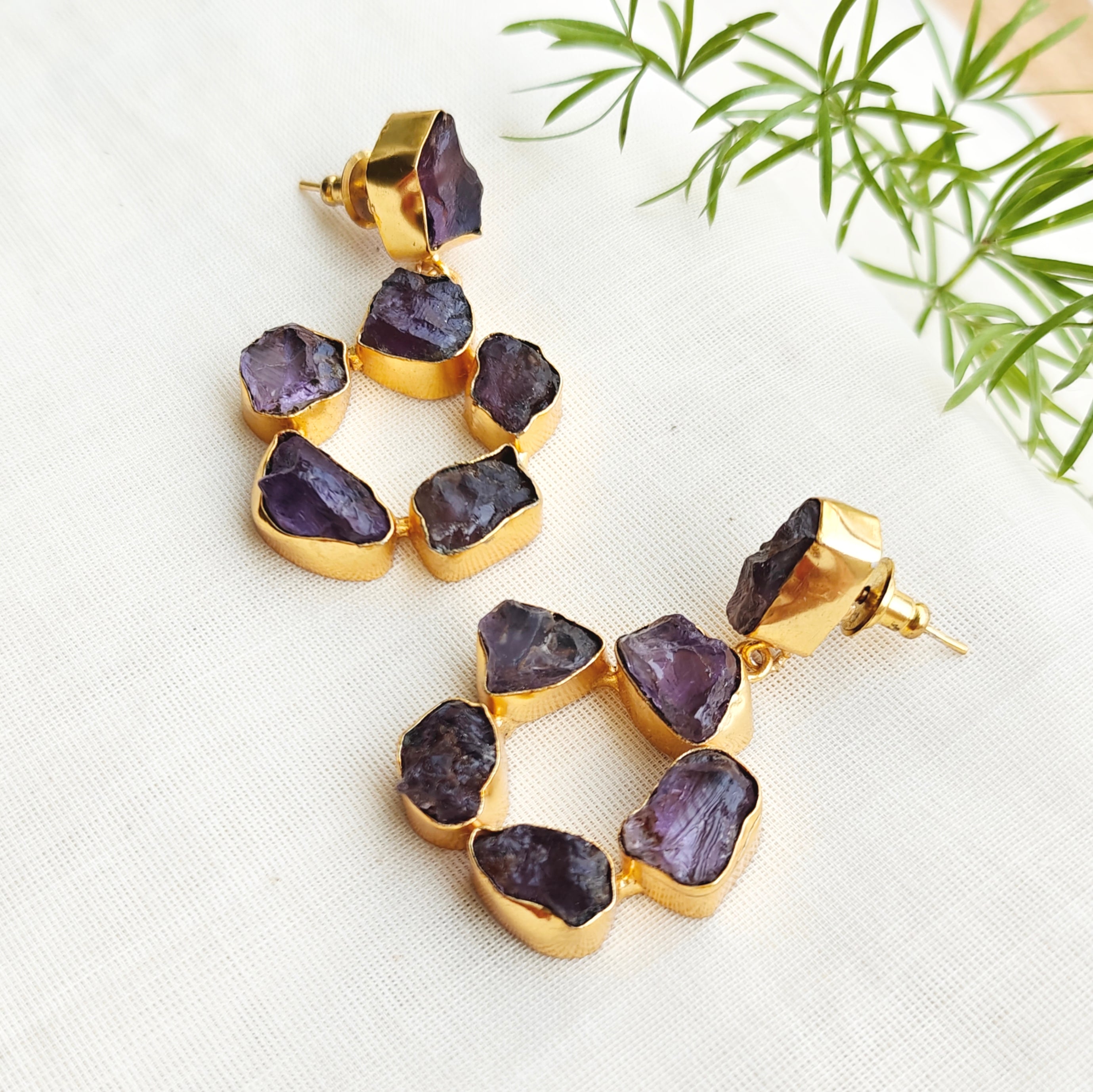 Posh uncut Amethyst stone circle drop earrings
