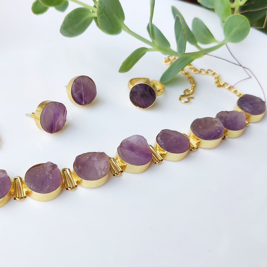 Raw stone Buttons and Links choker set - Amethyst