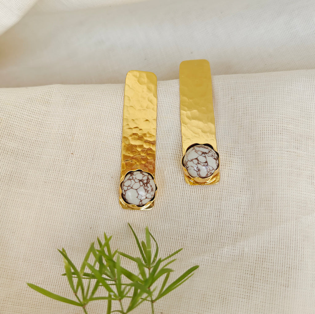 Hammered Bar Earrings with White Stone