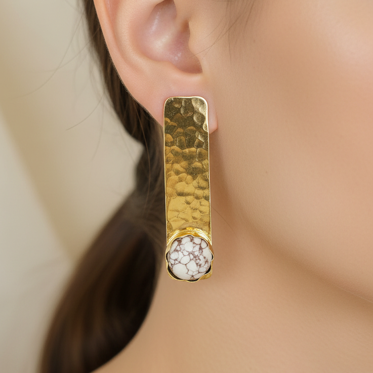 Hammered Bar Earrings with White Stone