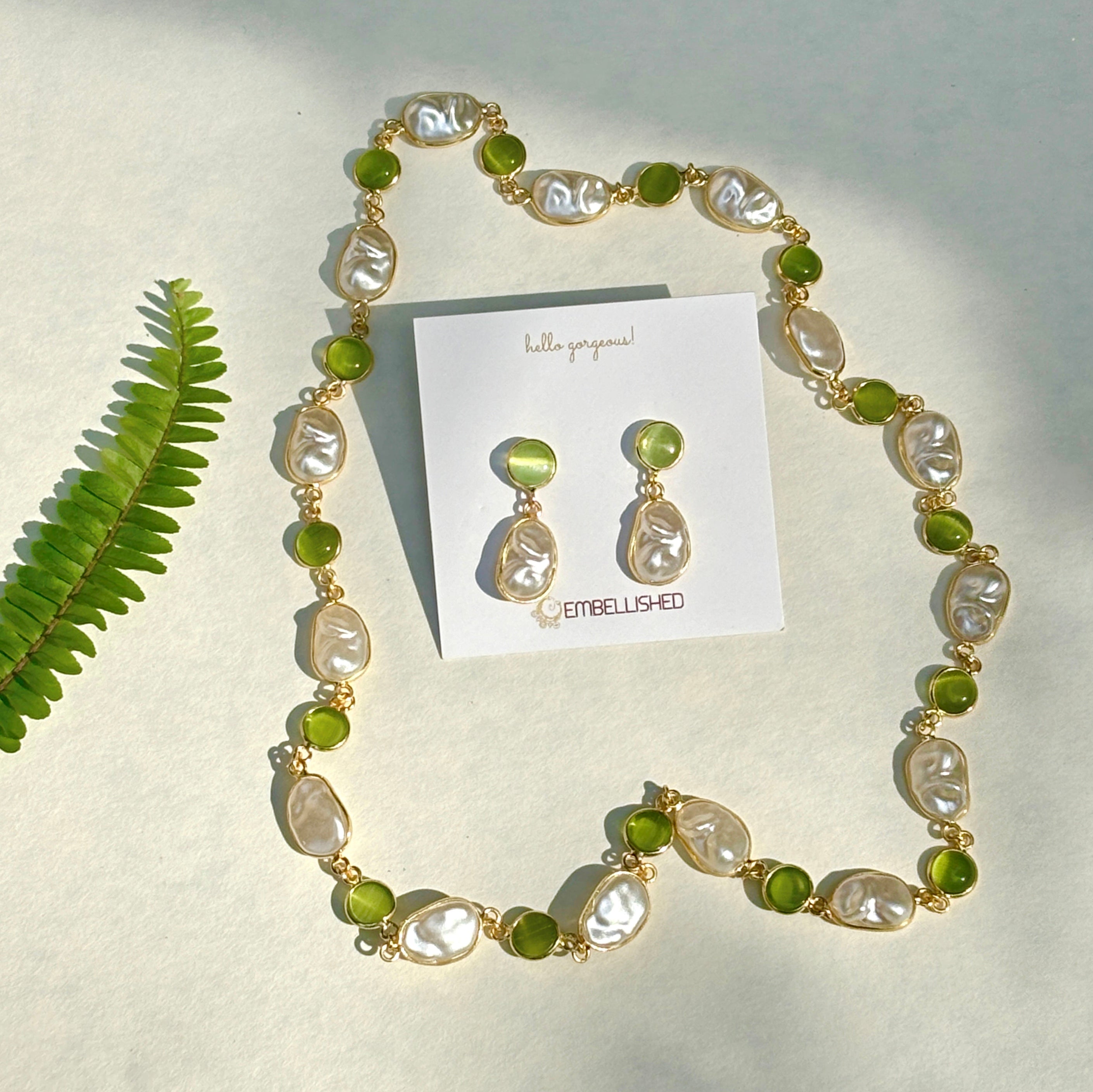 Mint beads and Irregular Pearls Lariat necklace set