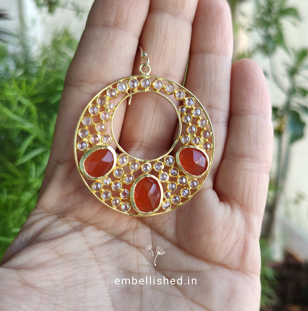 92.5 Sterling Silver Crystal Polki large round danglers - Gold, Orange