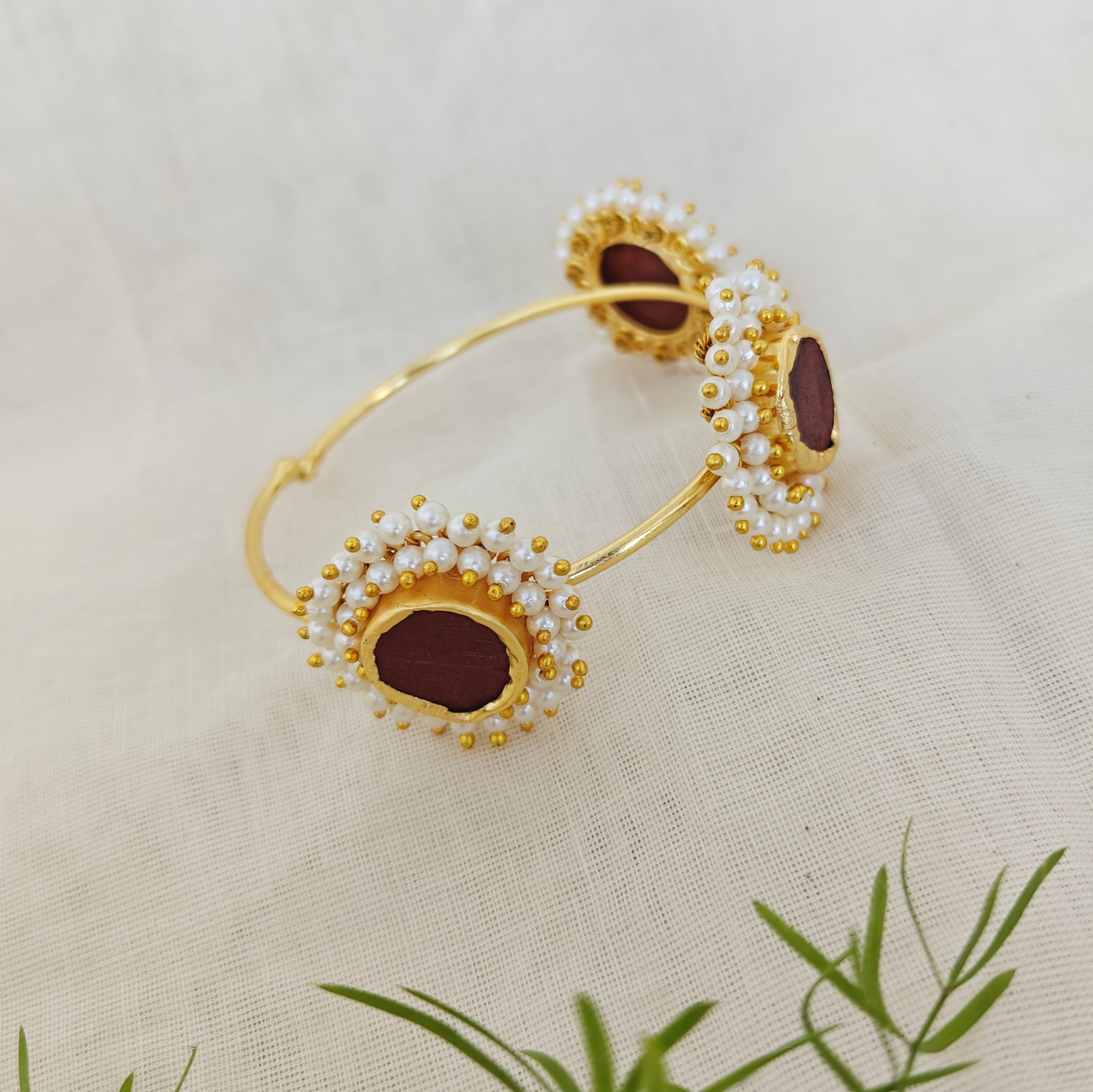 Coffee Jasper Cluster Pearls Open Bangle