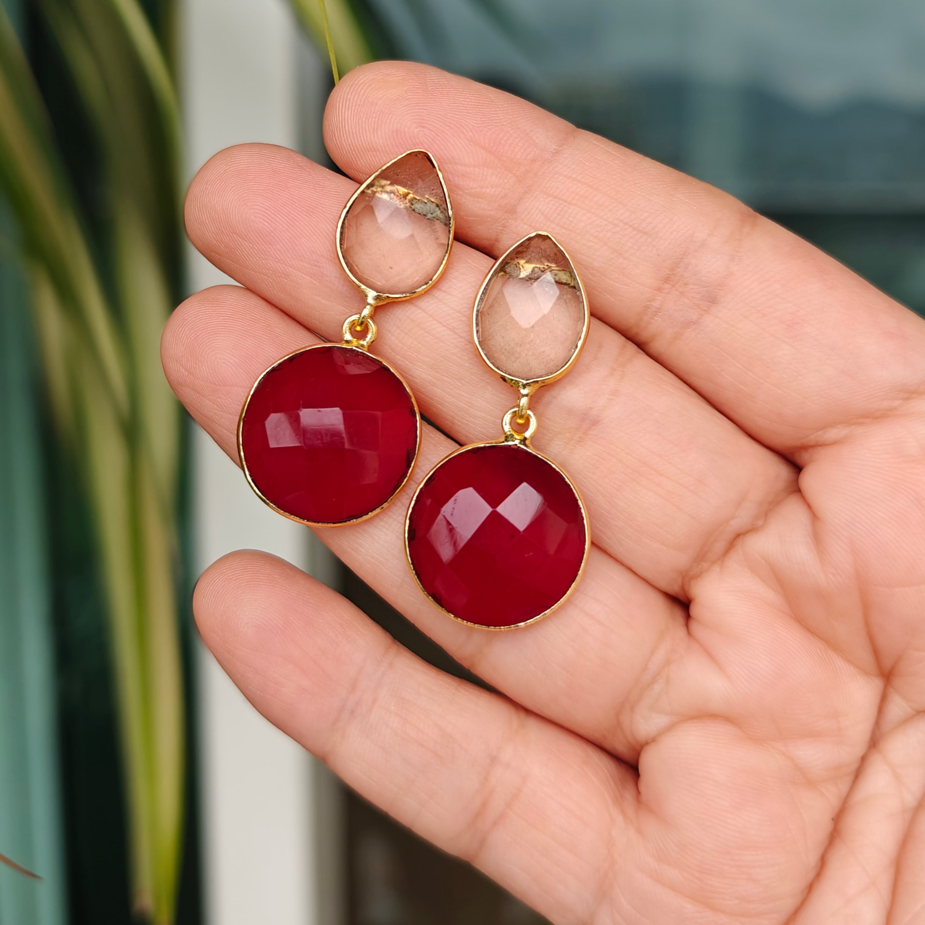 Two Stones Drop Earrings - crystal red