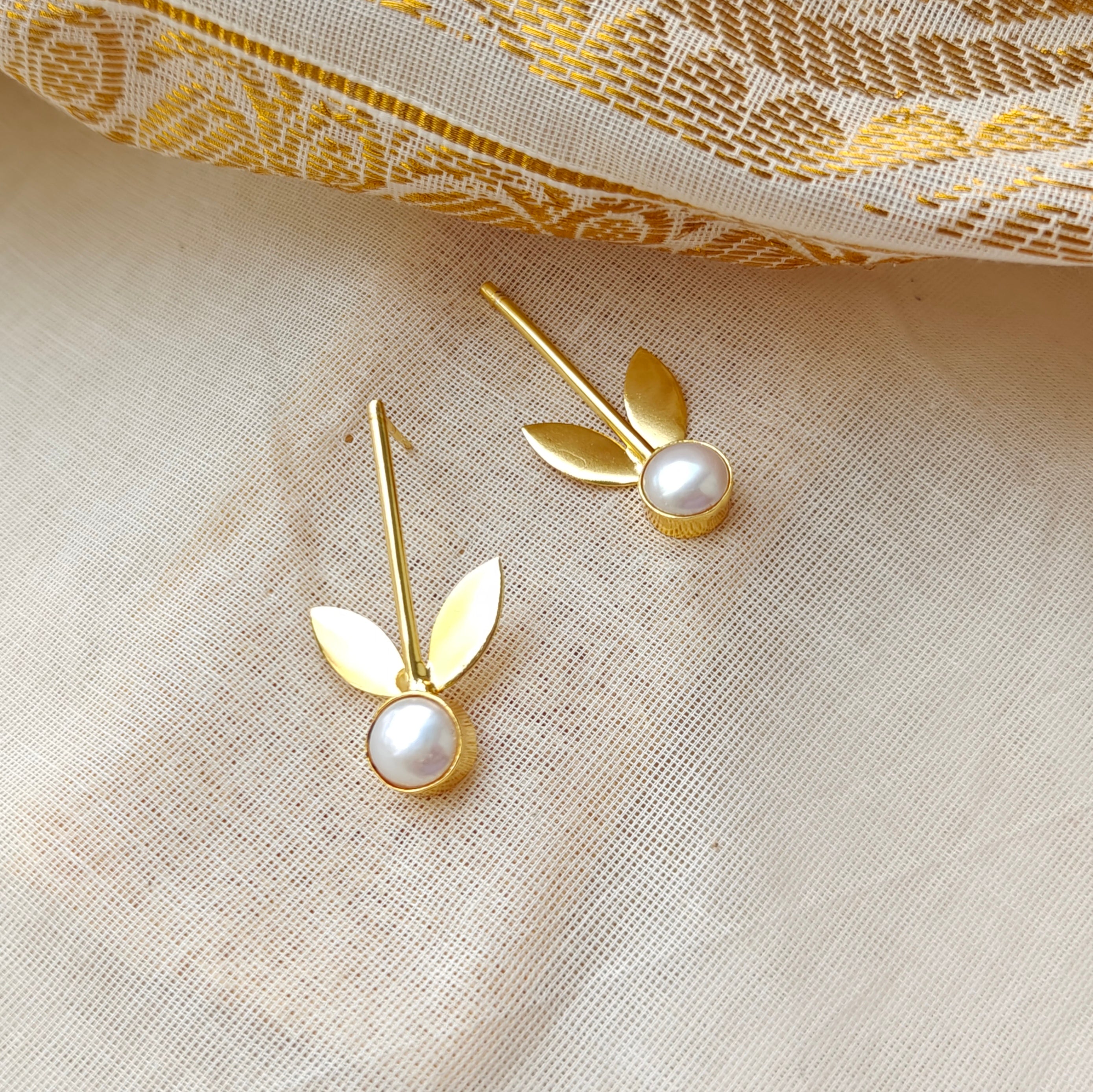 Golden Sprout Pearl Stud Earrings