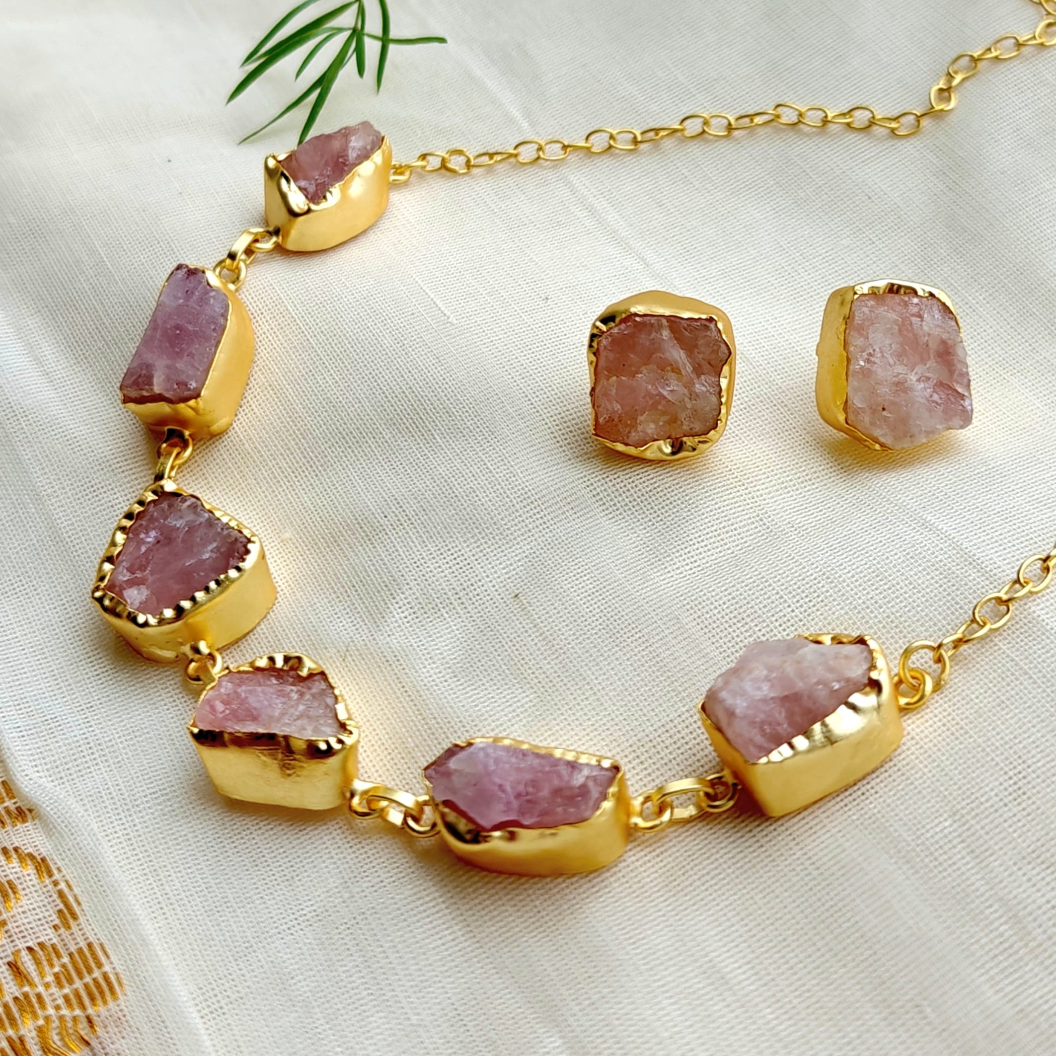 Rose quartz nuggets choker with studs