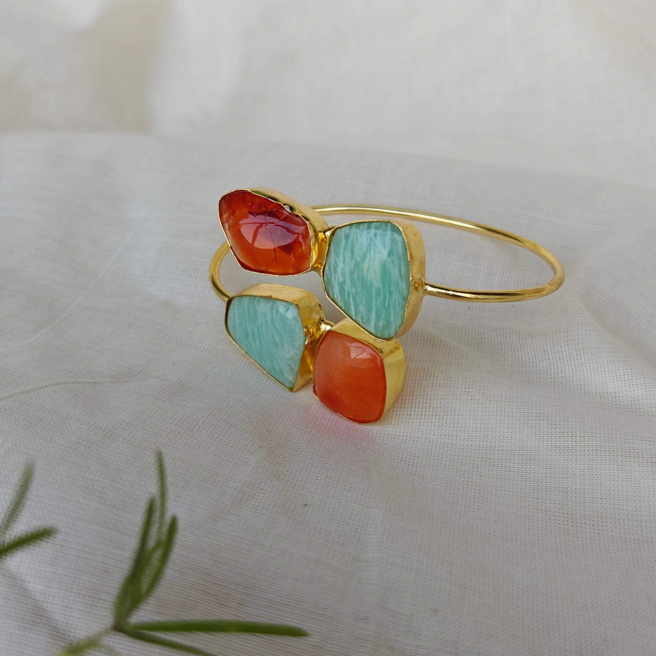 Dual Stone Open Bangle - Carnelian, Amazonite