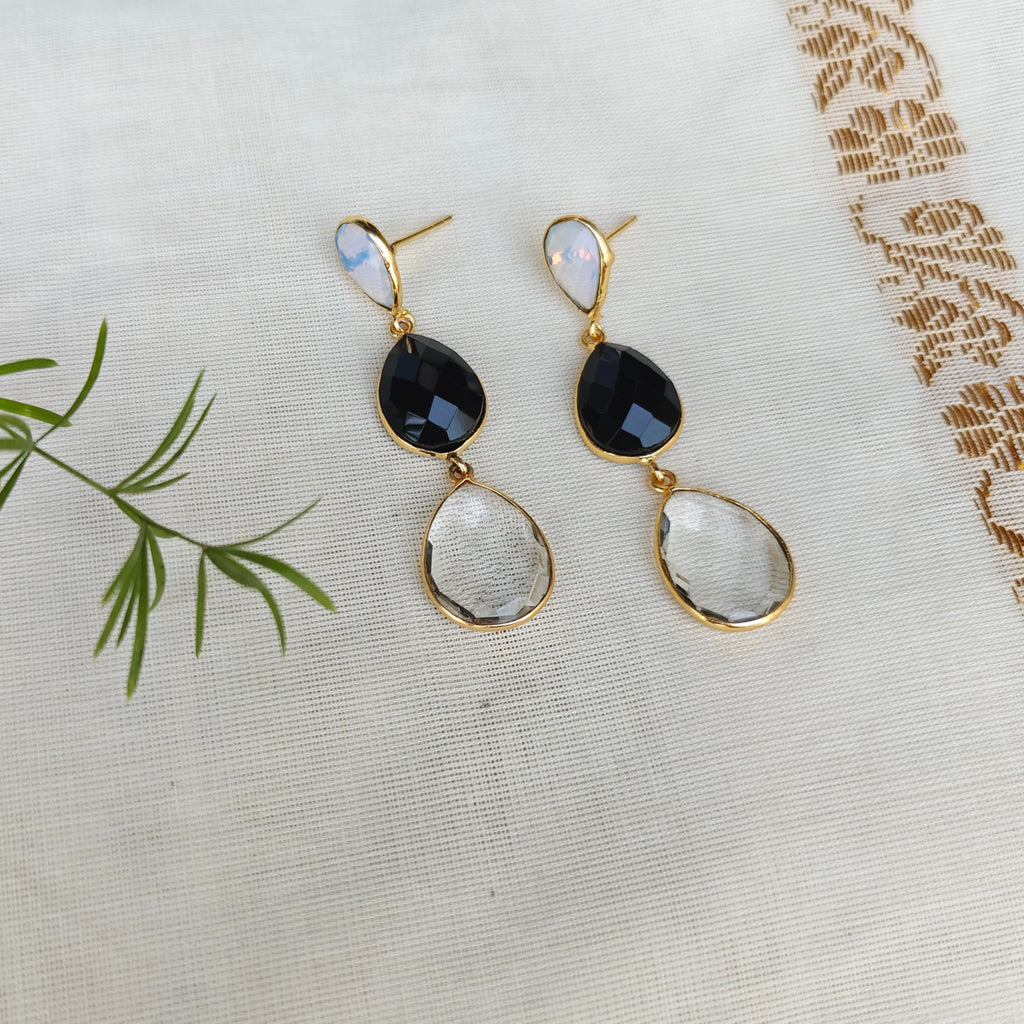 Three stone drop earrings - black and white