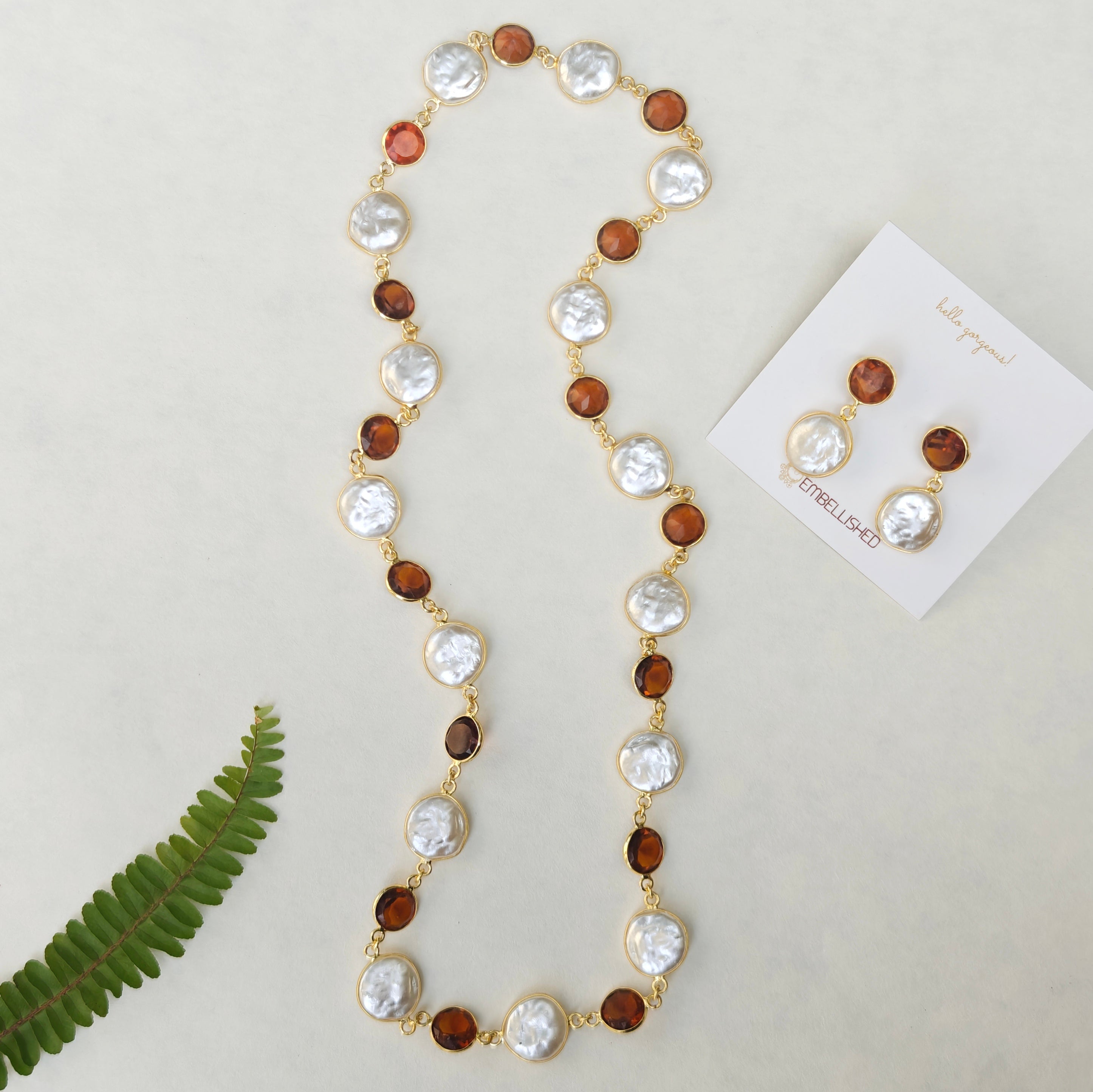 Caramel beads and Coin Pearls Lariat necklace set