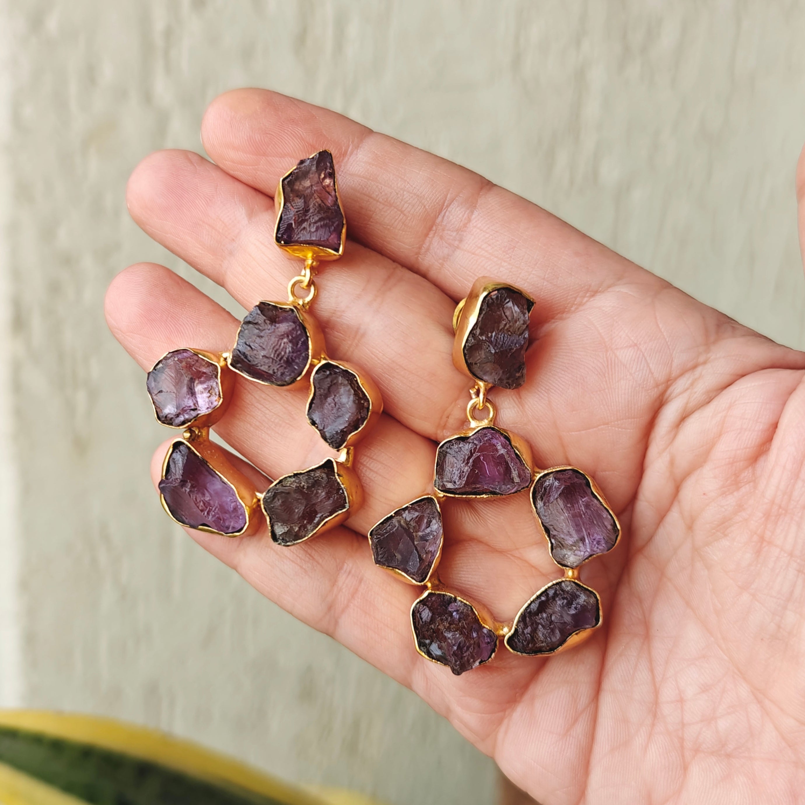 Posh uncut Amethyst stone circle drop earrings