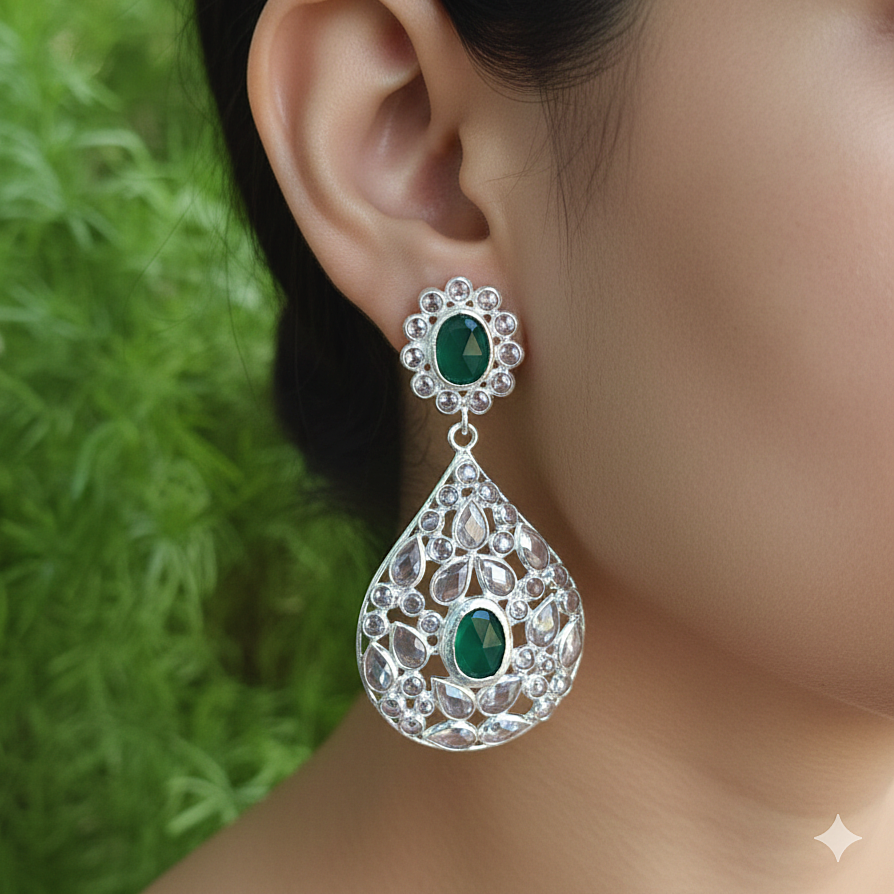 92.5 Sterling Silver Crystal Polki large dewdrop chandeliers - Silver, Green