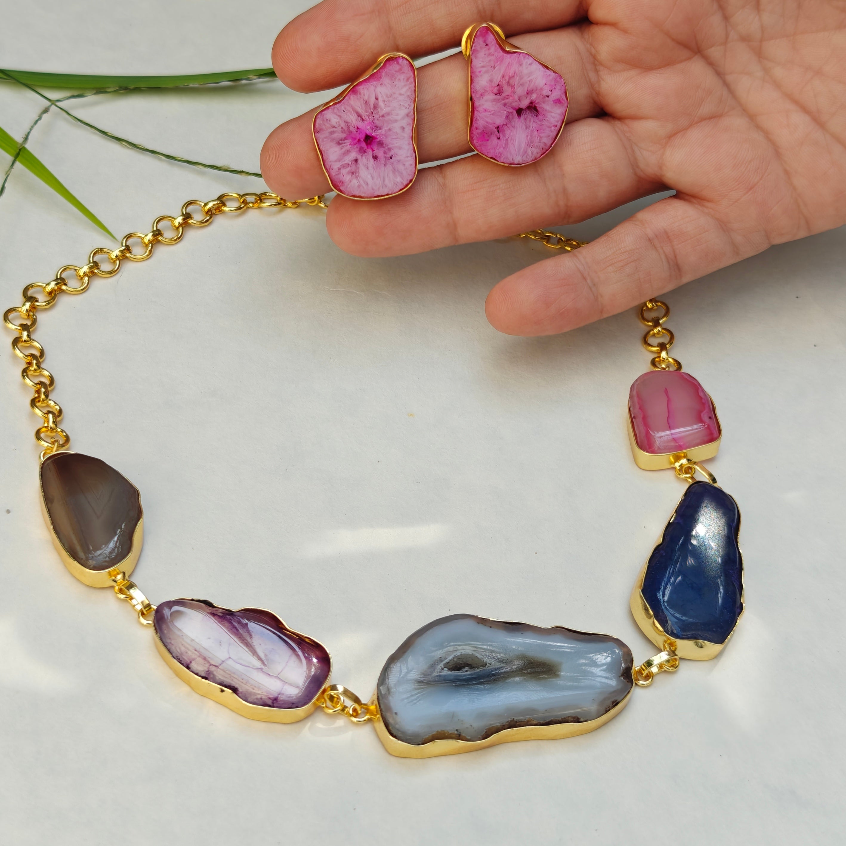 Agate Slice Necklace set - brown