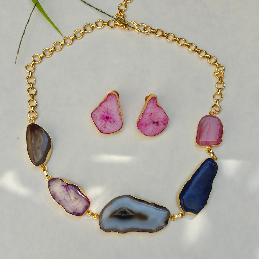 Agate Slice Necklace set - brown