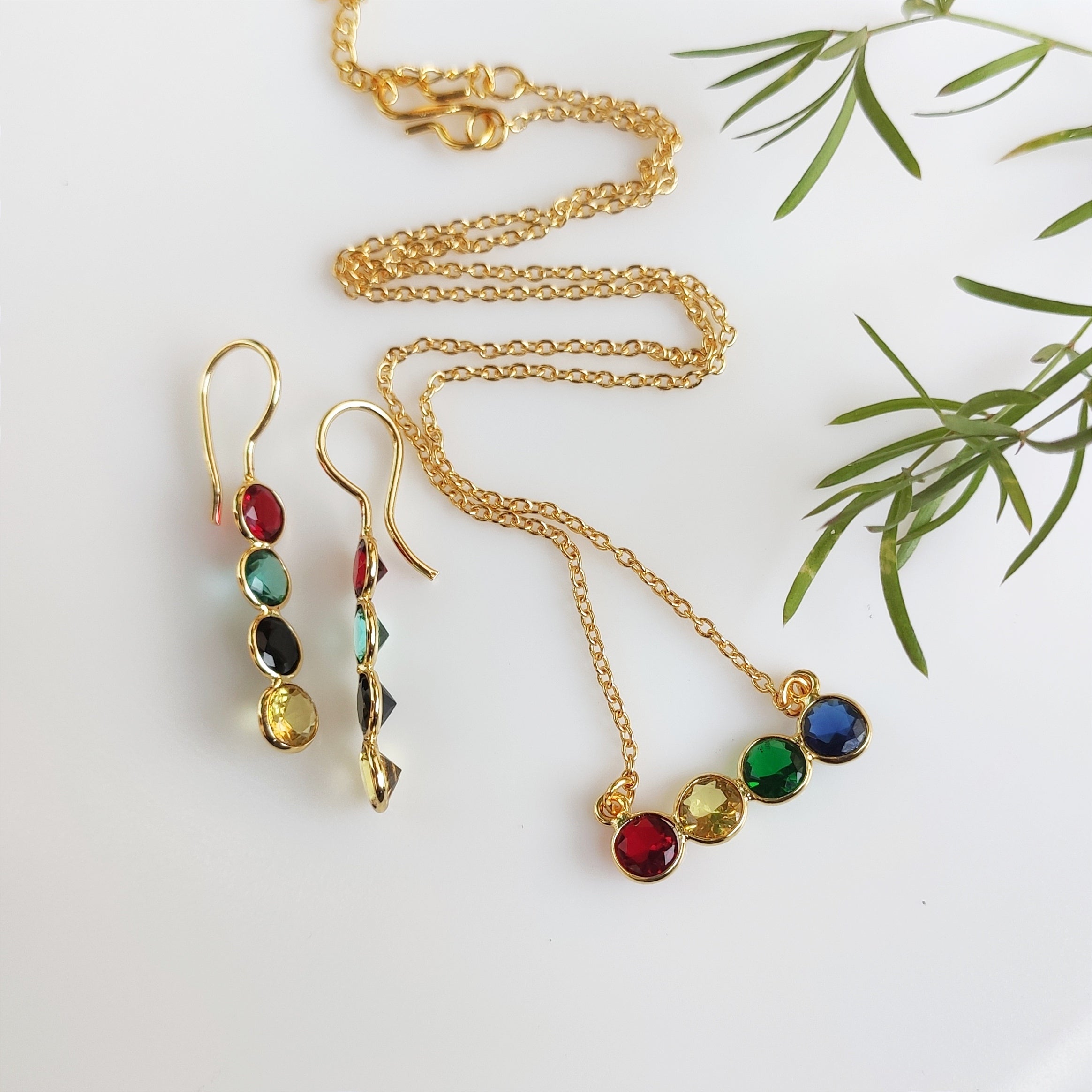 Multi-colored mini stones pendant chain and earrings set