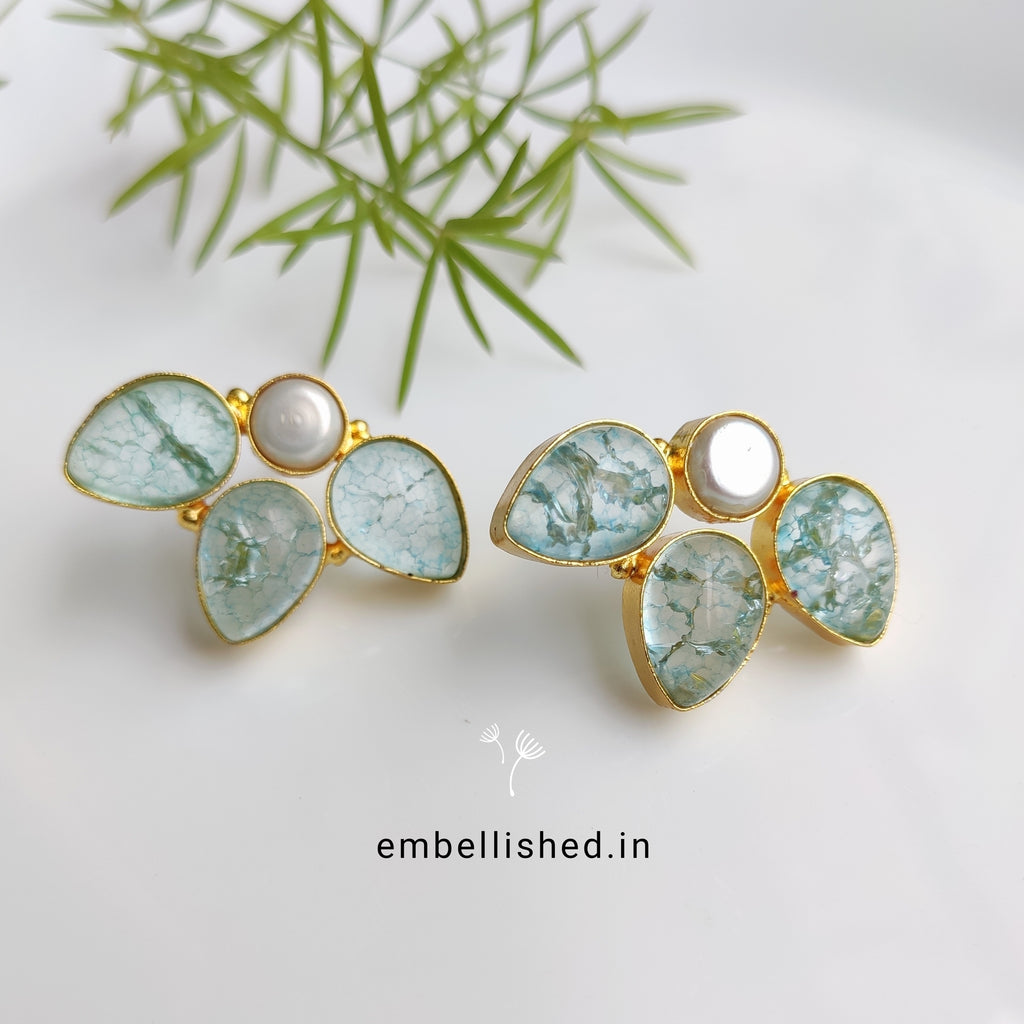 Frosted glass and pearl half flower studs