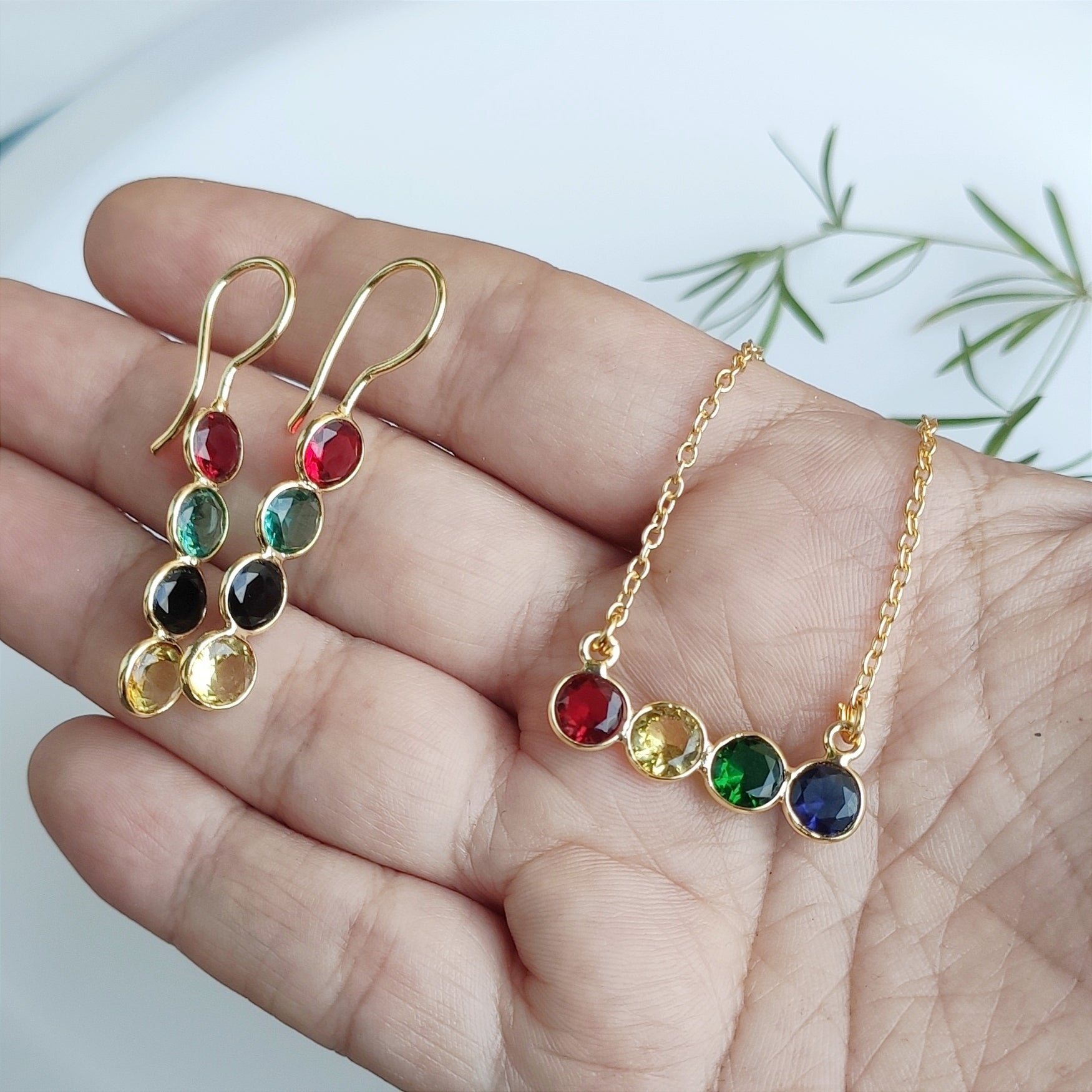 Multi-colored mini stones pendant chain and earrings set