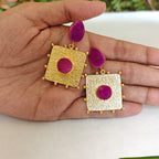Artisan Hammered Gold and Fuchsia Druzy Statement Earrings