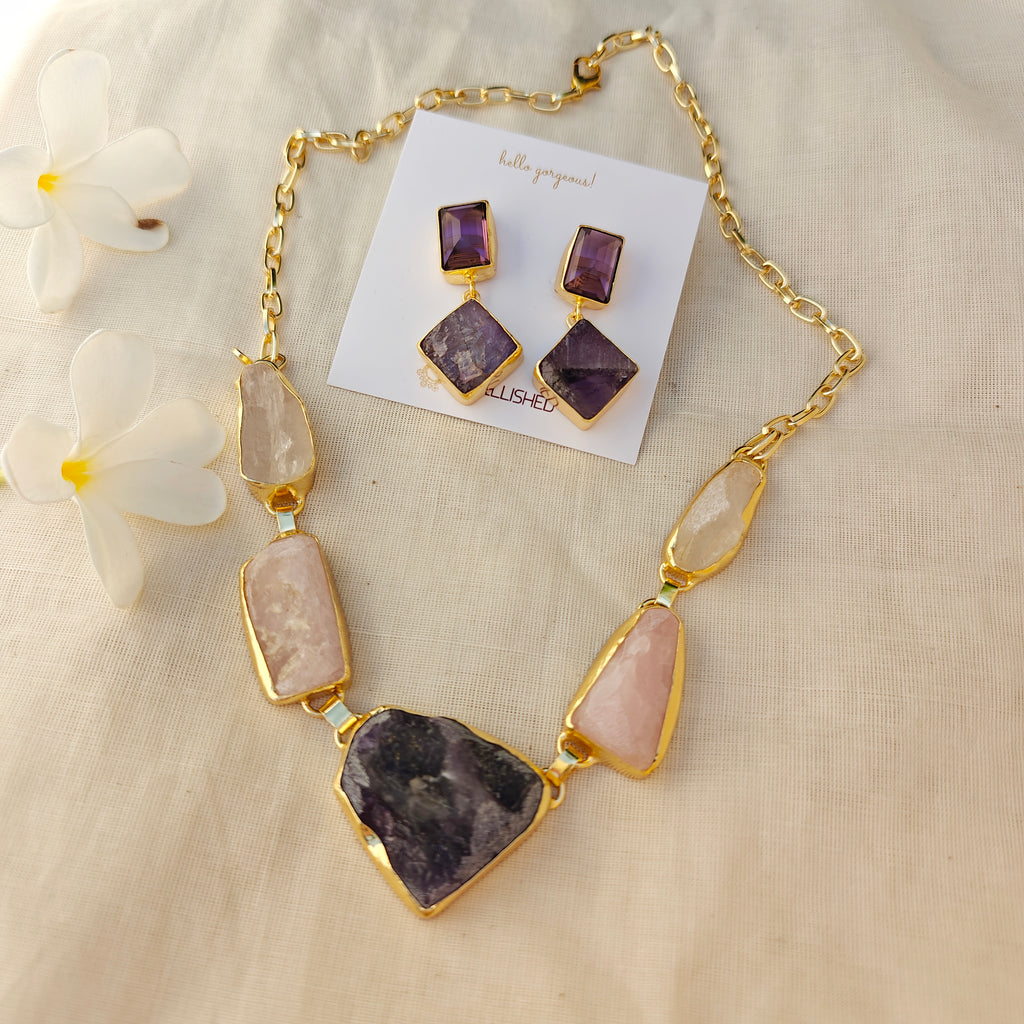 Ethereal Raw Stone Princess necklace and Drop Earring Set