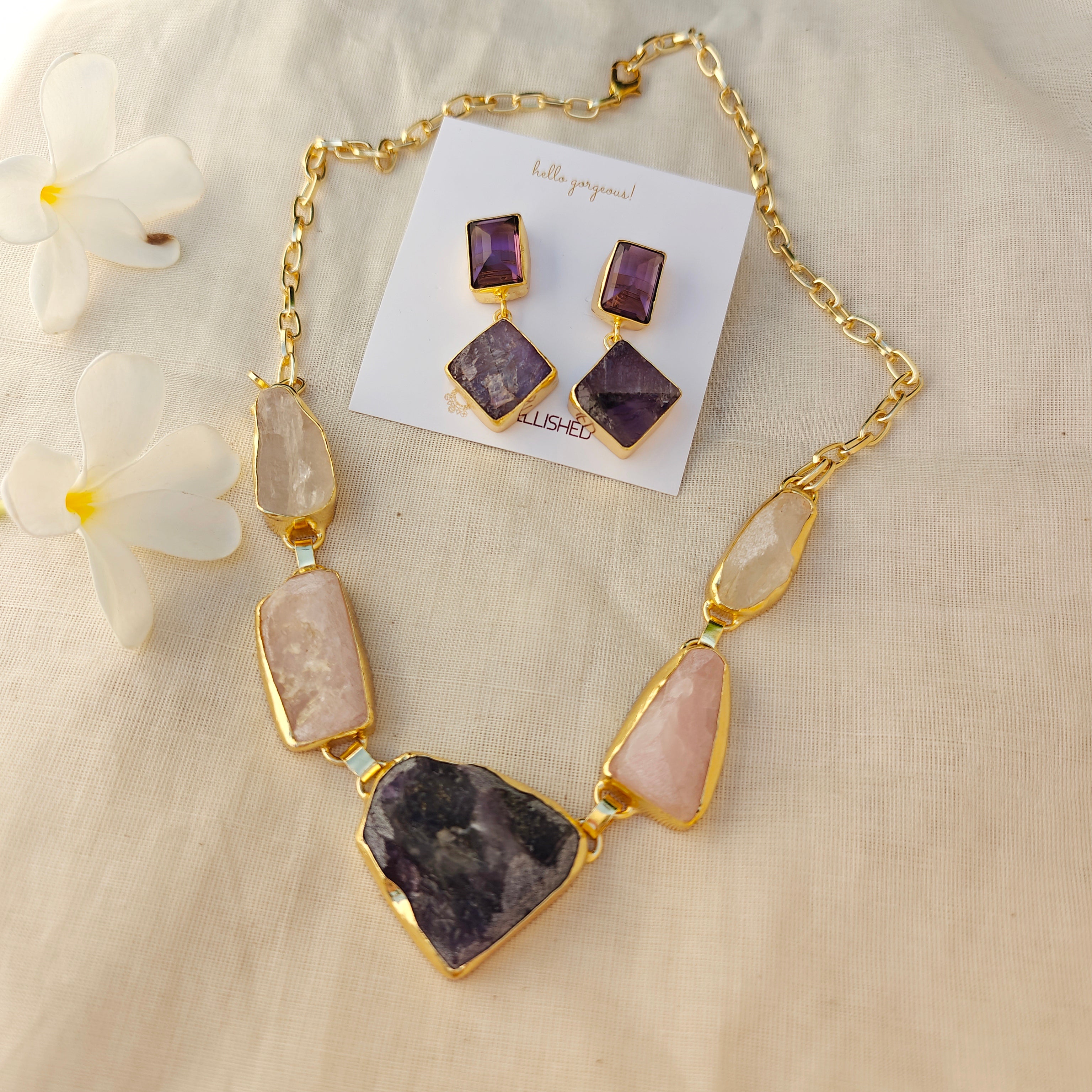 Ethereal Raw Stone Princess necklace and Drop Earring Set