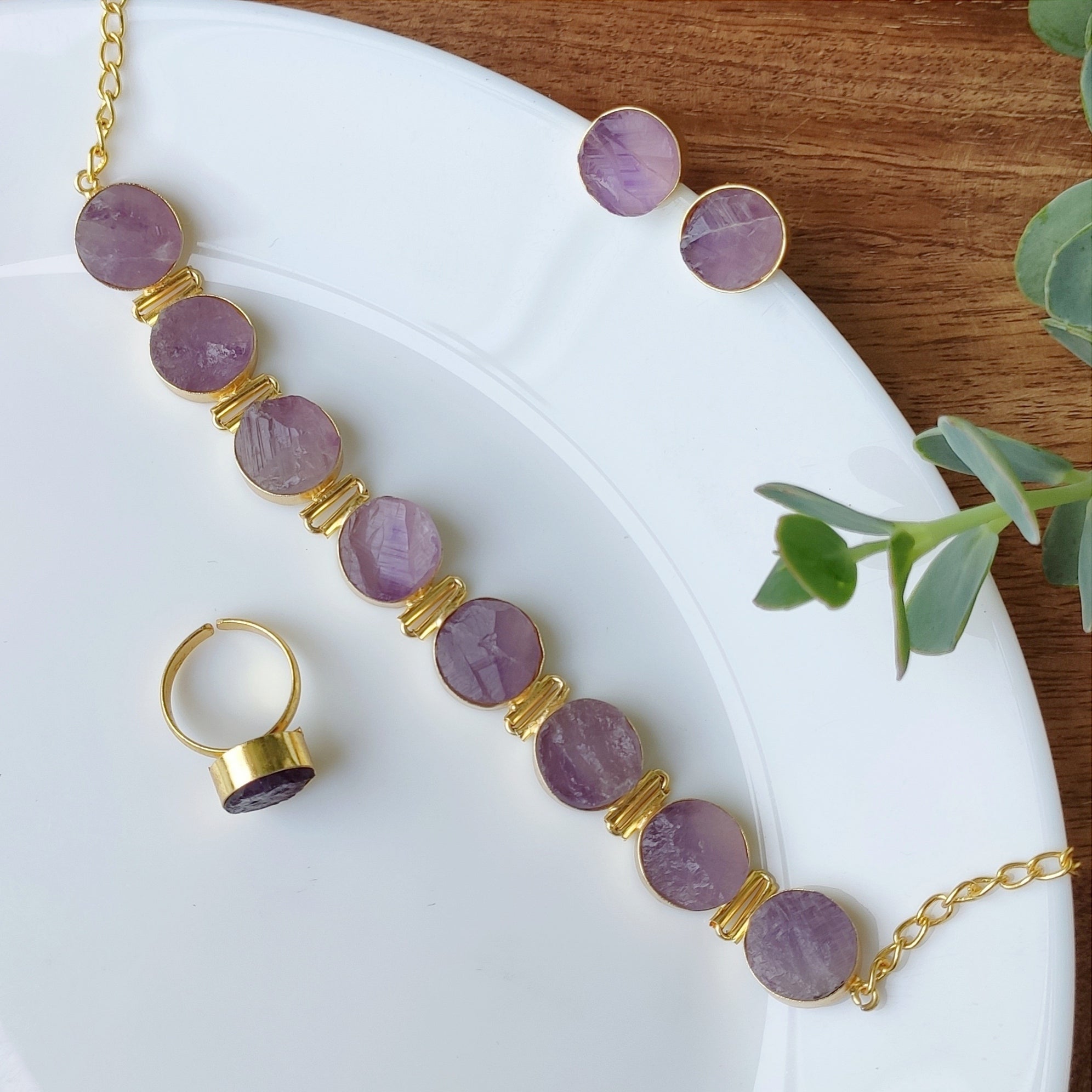 Raw stone Buttons and Links choker set - Amethyst