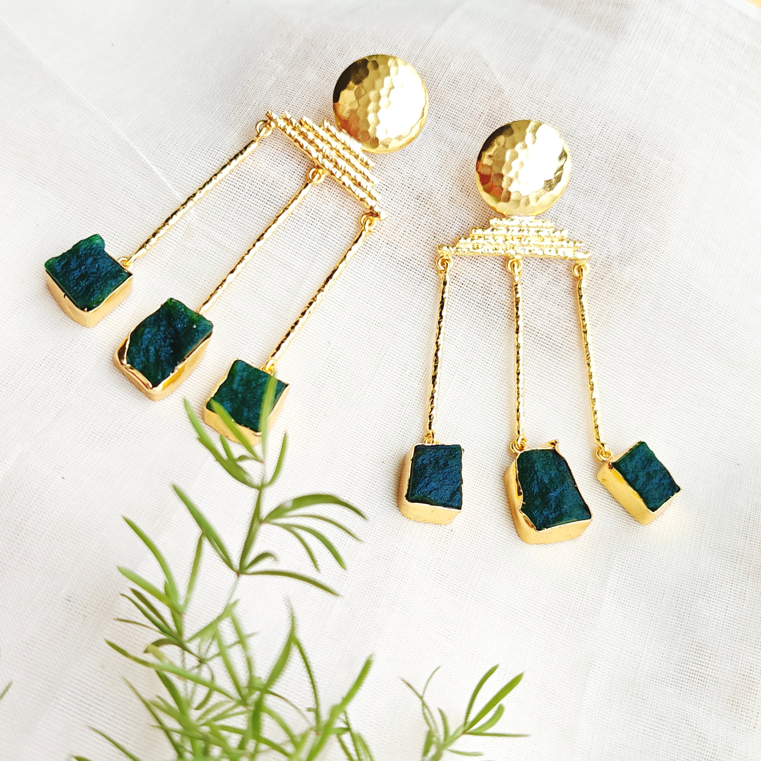 Emerald Gold Triple Drop Earrings