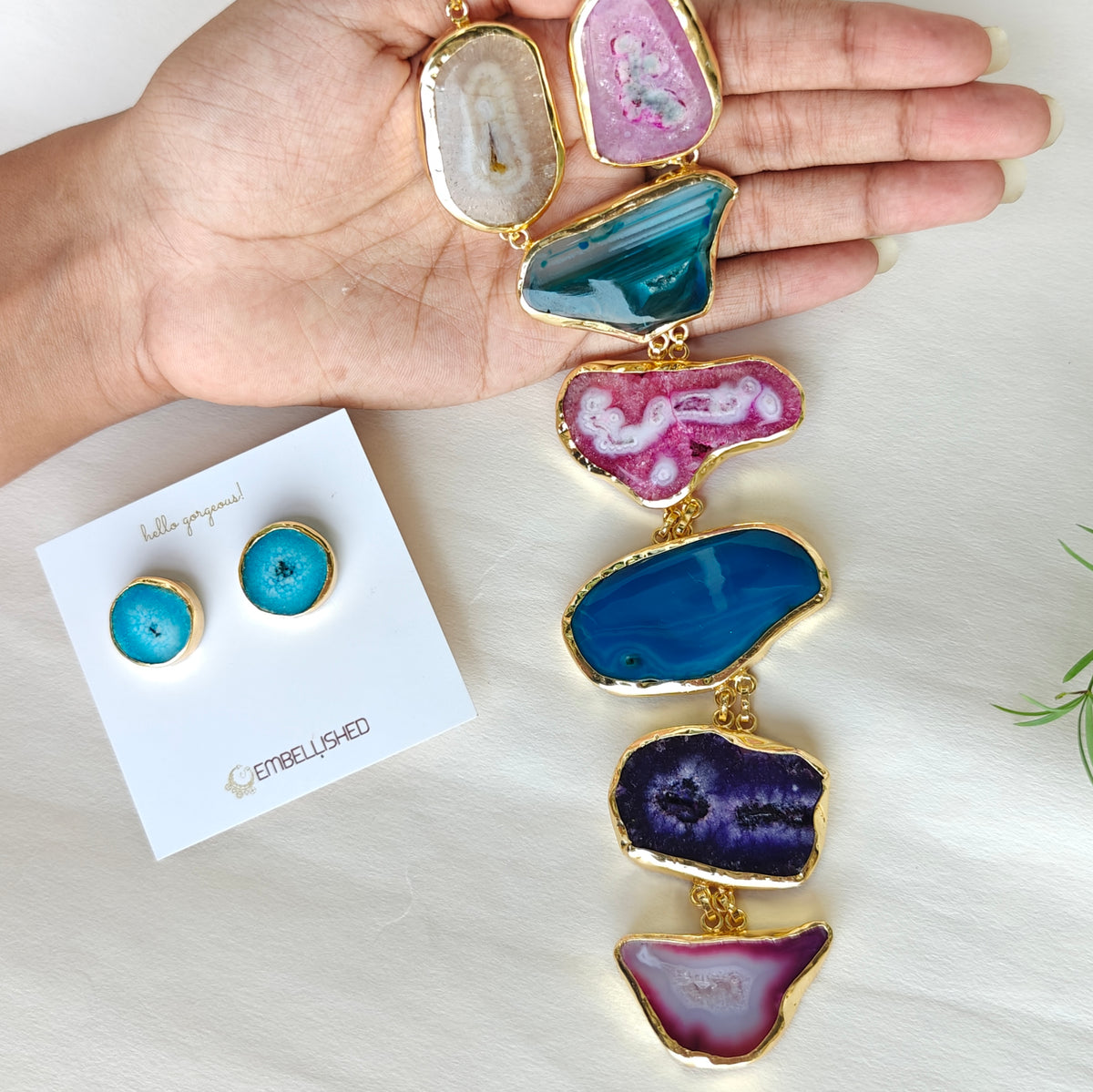 Multi-colored Geode Cascade Tie necklace set