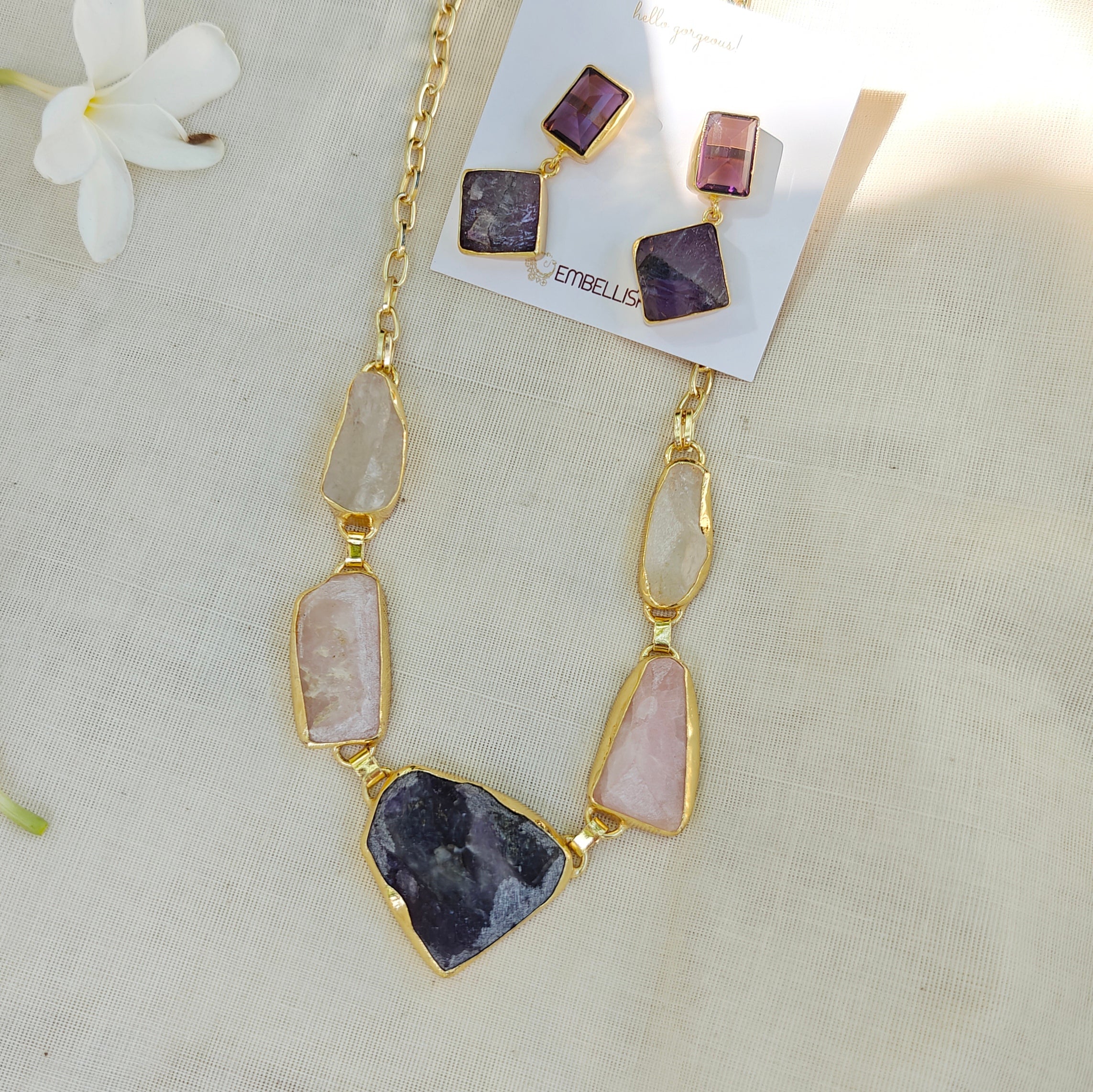 Ethereal Raw Stone Princess necklace and Drop Earring Set