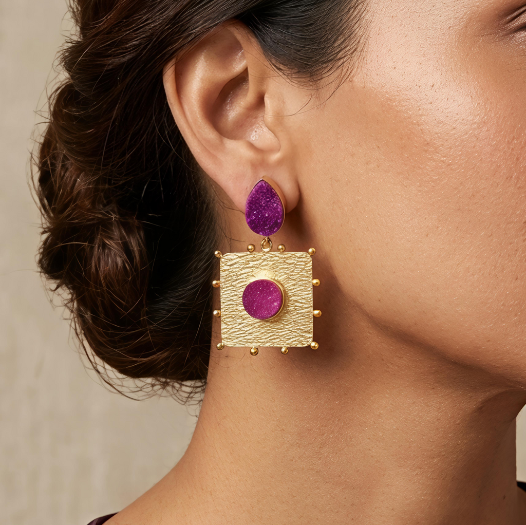 Artisan Hammered Gold and Fuchsia Druzy Statement Earrings