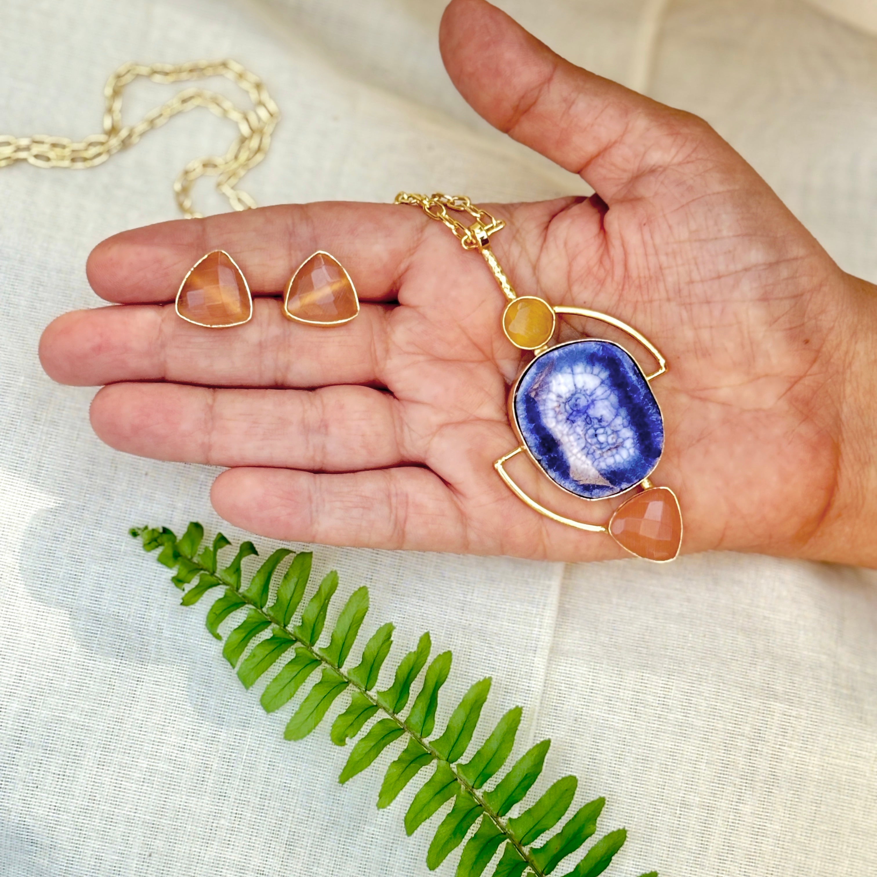 Blue Geode Statement Pendant Necklace Set
