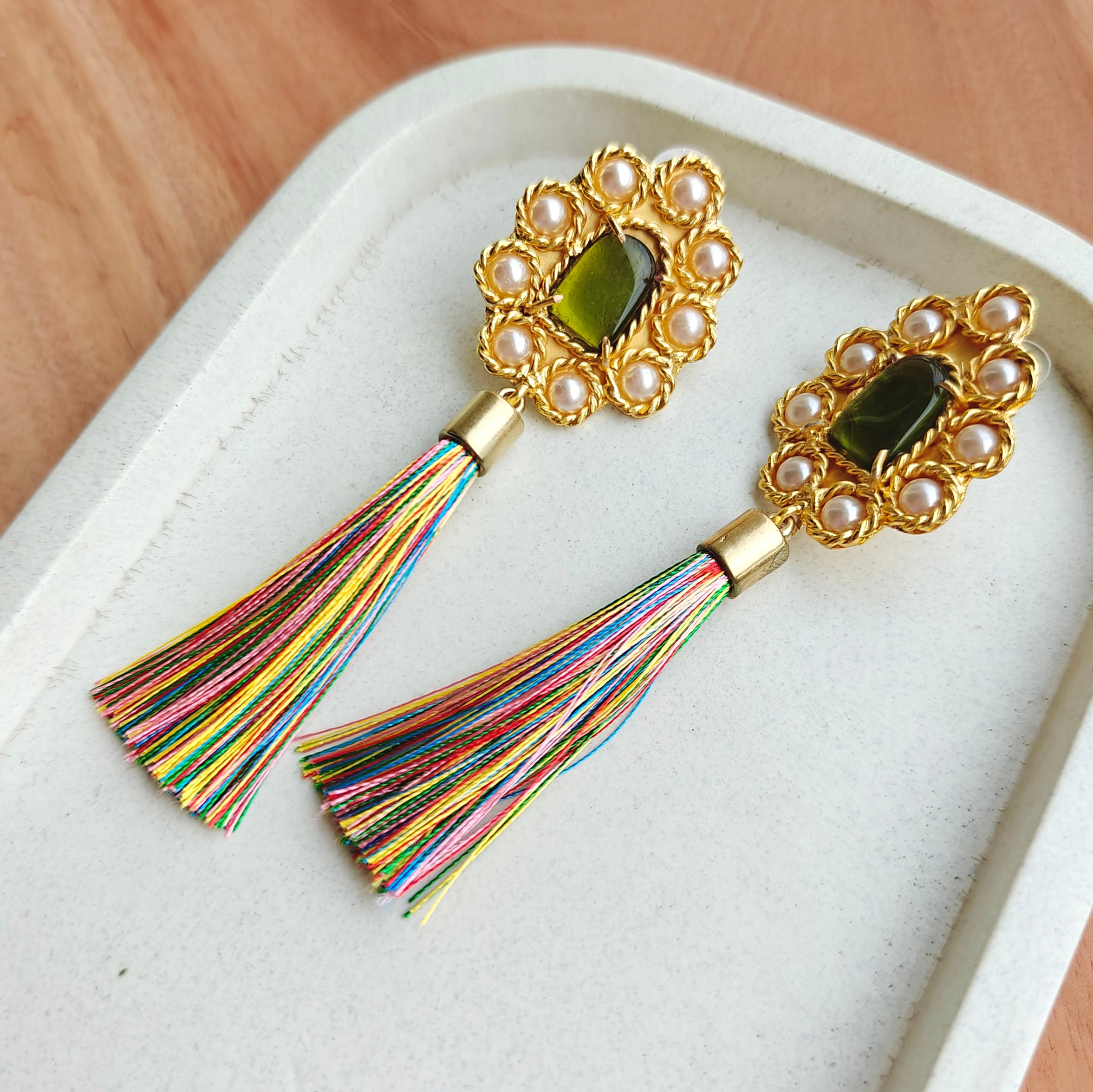 Large Bohemian studded earrings with thread tassels
