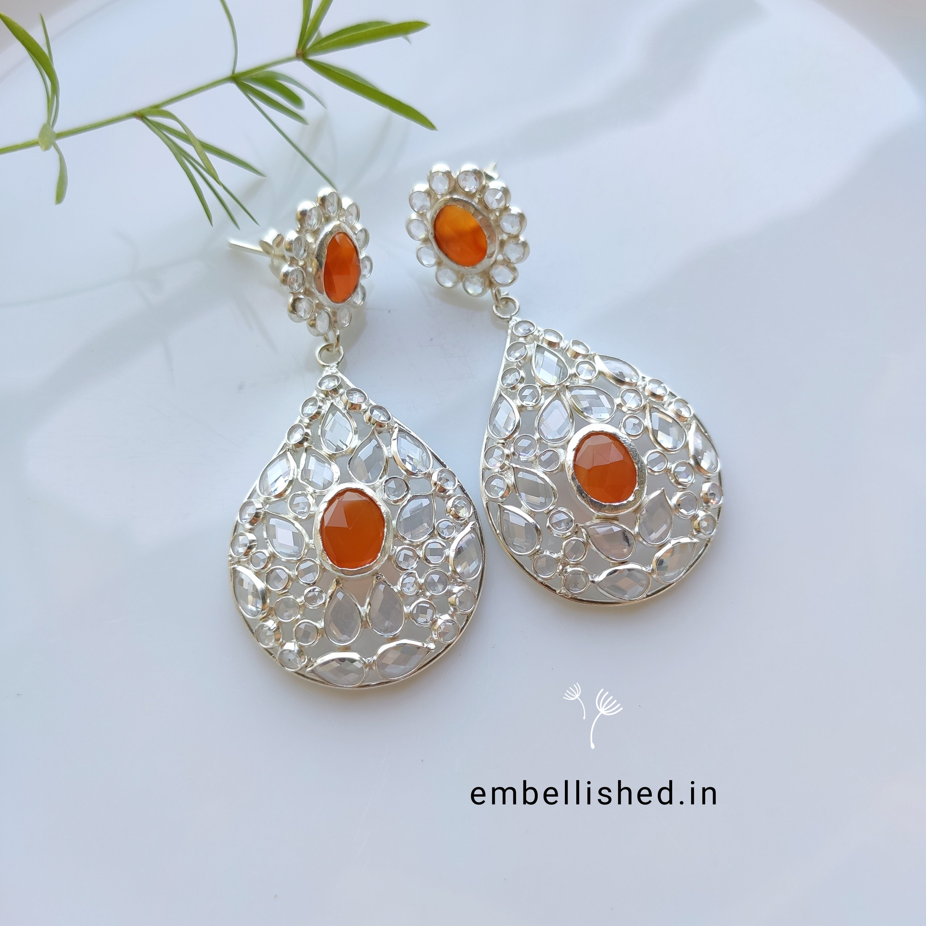 92.5 Sterling Silver Crystal Polki large dewdrop chandeliers - Silver, Orange