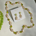 Mint beads and Irregular Pearls Lariat necklace set