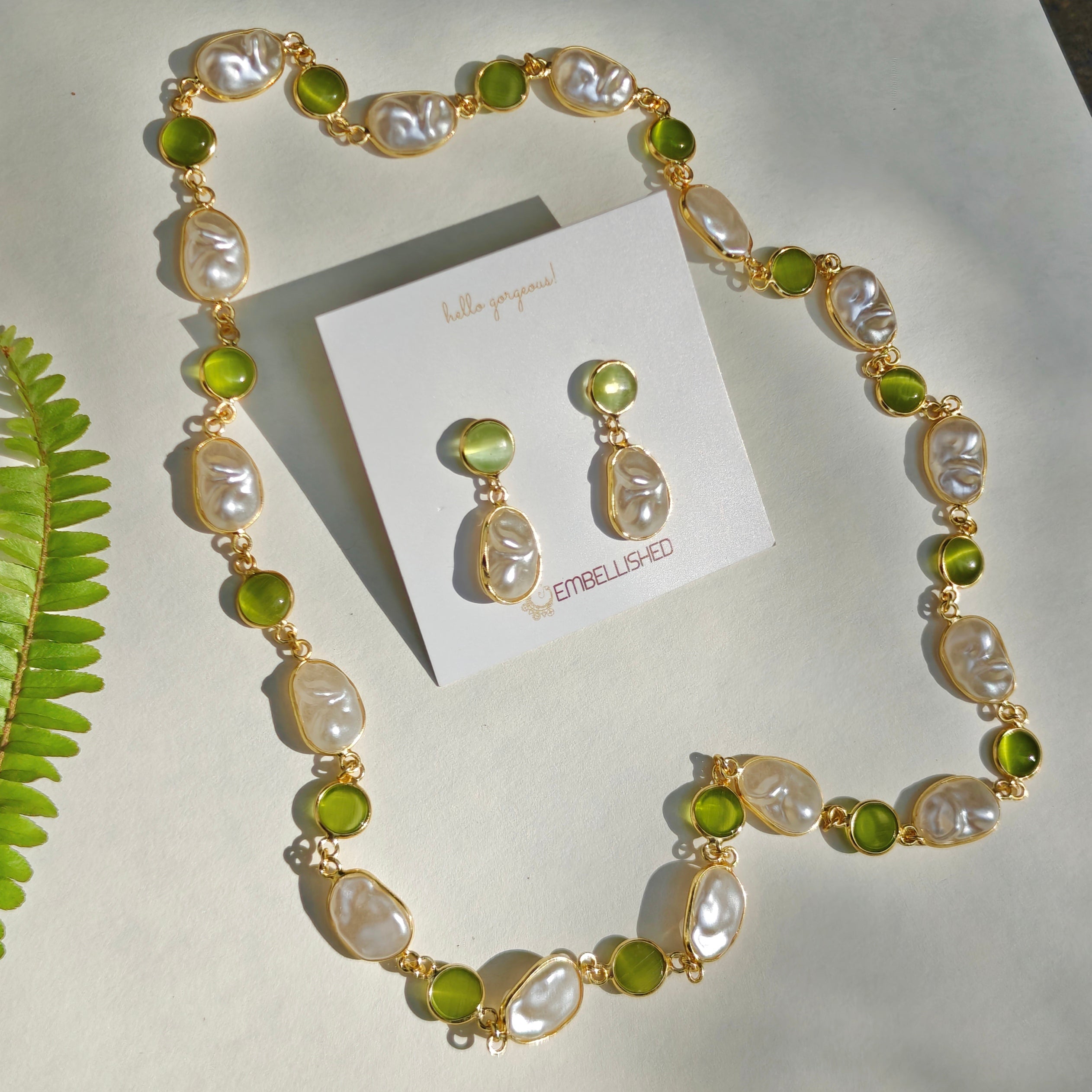 Mint beads and Irregular Pearls Lariat necklace set