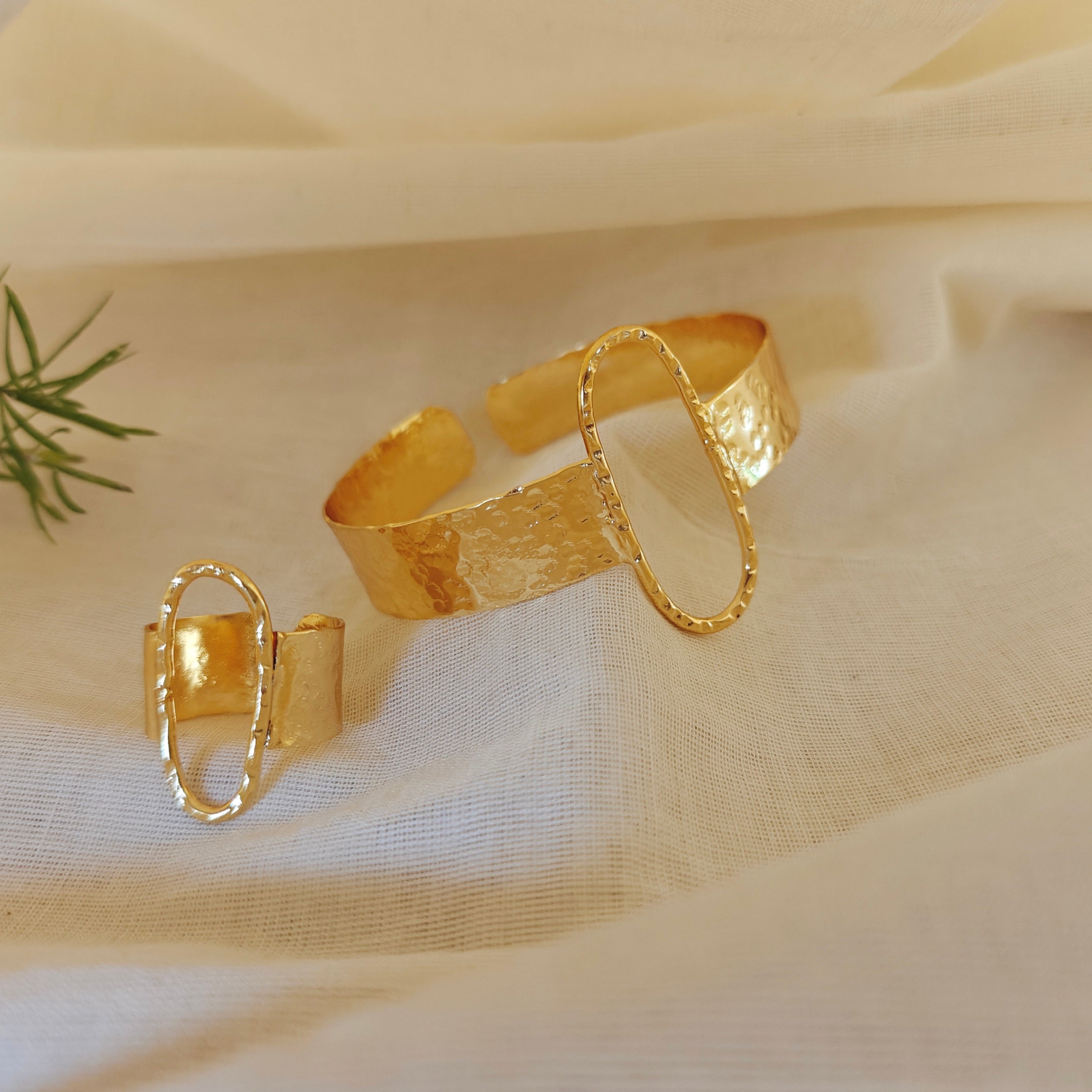 Hammered Ellipse Cuff and ring set