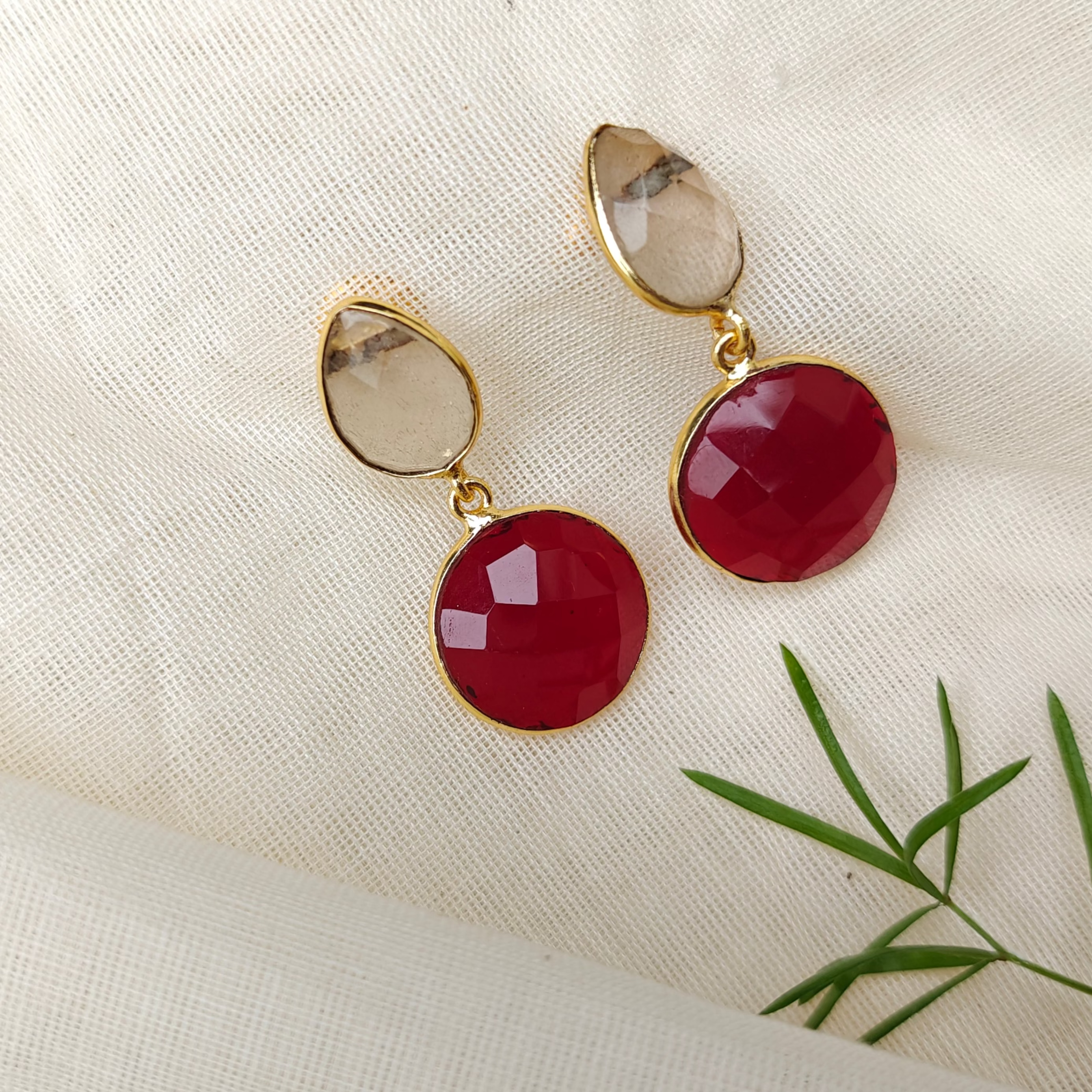 Two Stones Drop Earrings - crystal red
