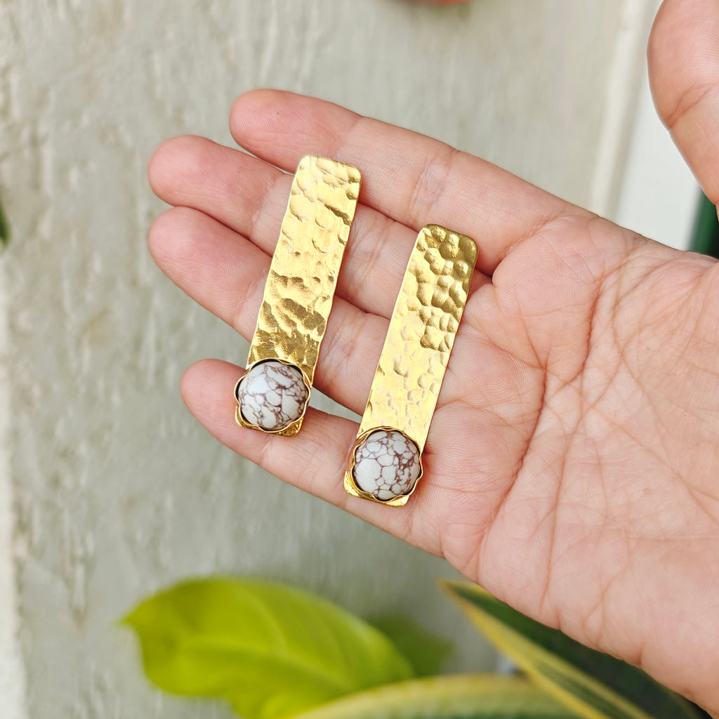 Hammered Bar Earrings with White Stone