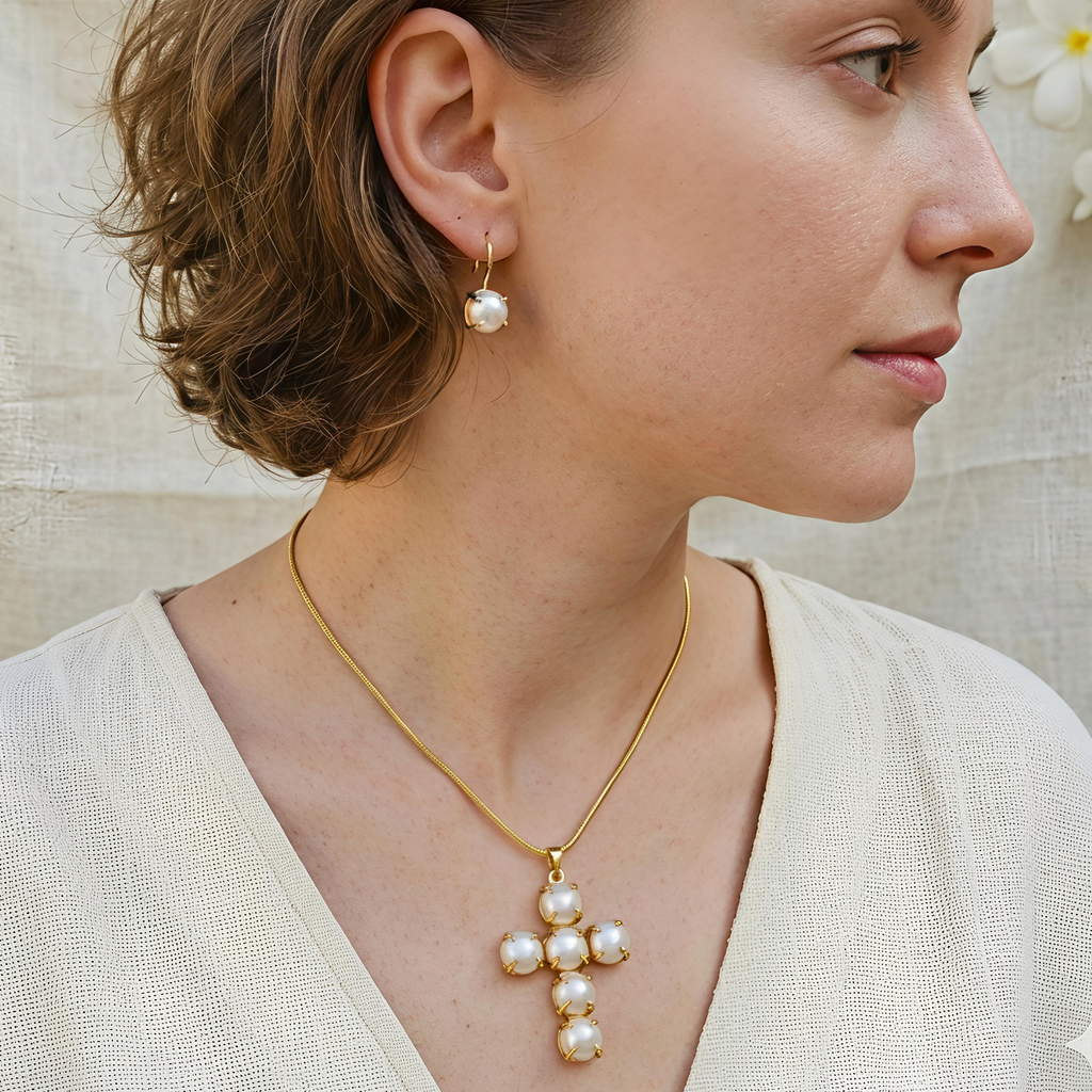 Cross Pearl Pendant Necklace Set