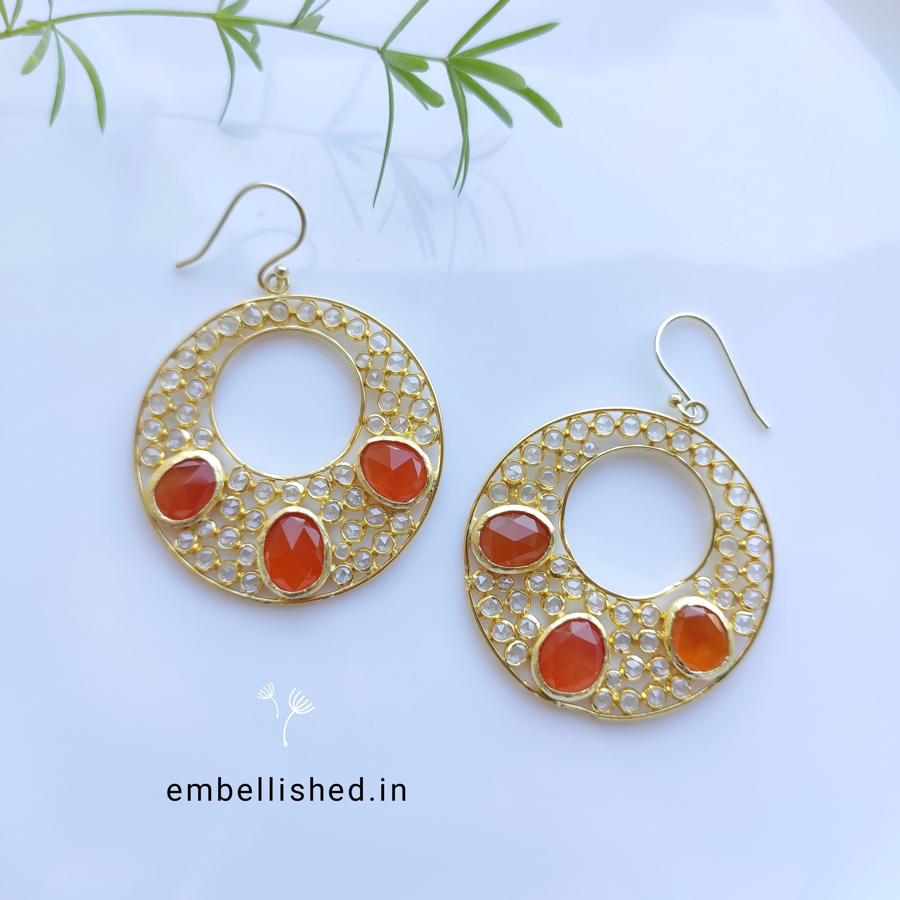 92.5 Sterling Silver Crystal Polki large round danglers - Gold, Orange