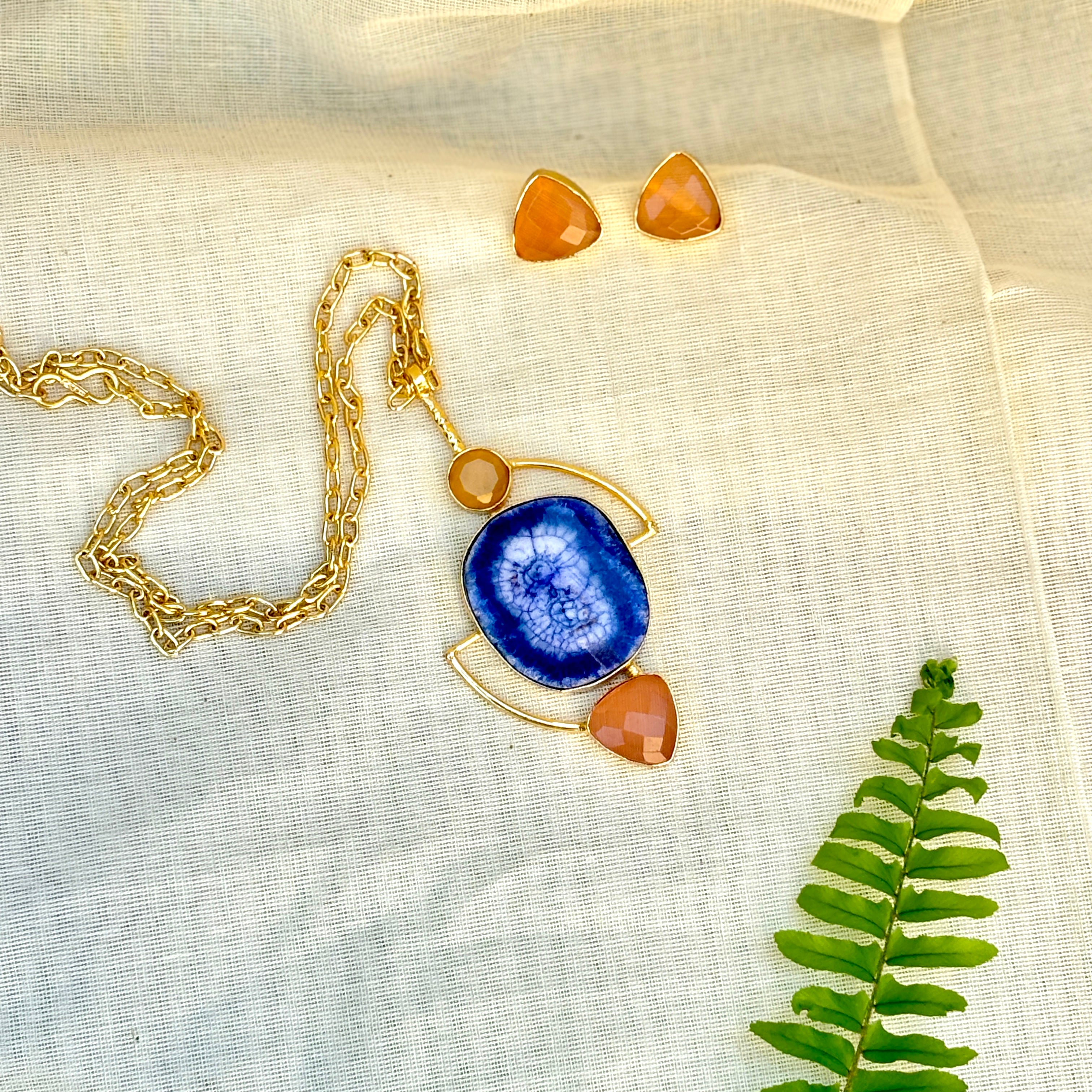 Blue Geode Statement Pendant Necklace Set