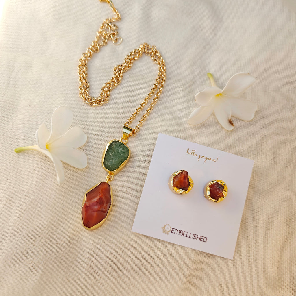 Earth and Fire Raw Gemstone Pendant necklace set