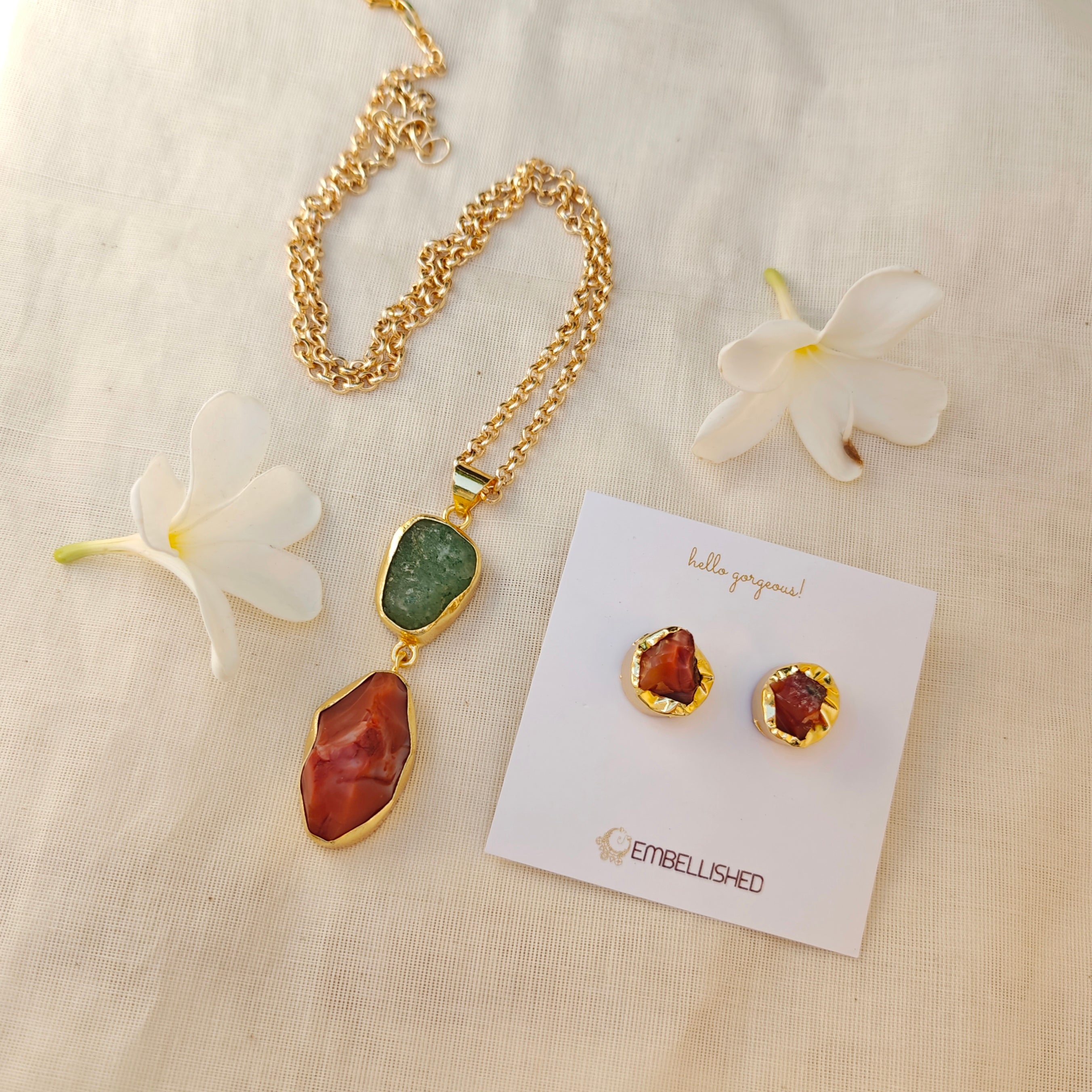 Earth and Fire Raw Gemstone Pendant necklace set
