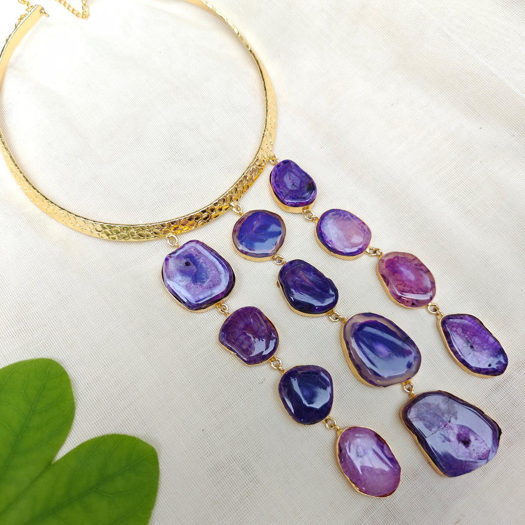 Purple Agate Slice Cascade Collar Necklace