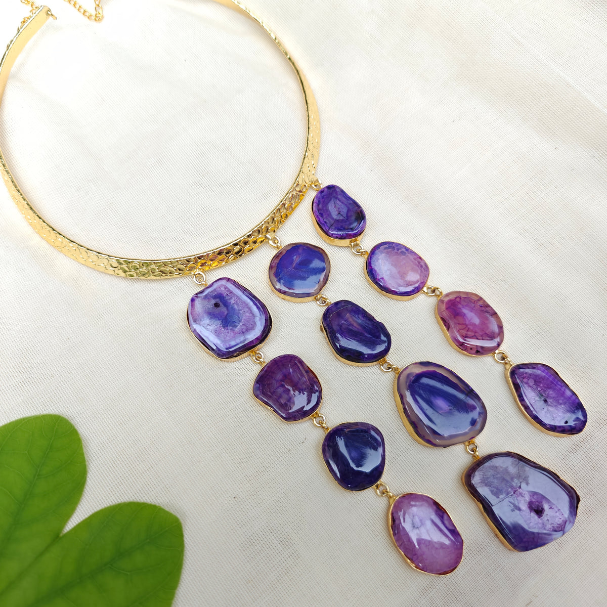 Purple Agate Slice Cascade Collar Necklace