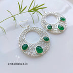 92.5 Sterling Silver Crystal Polki large round danglers - Silver, Green