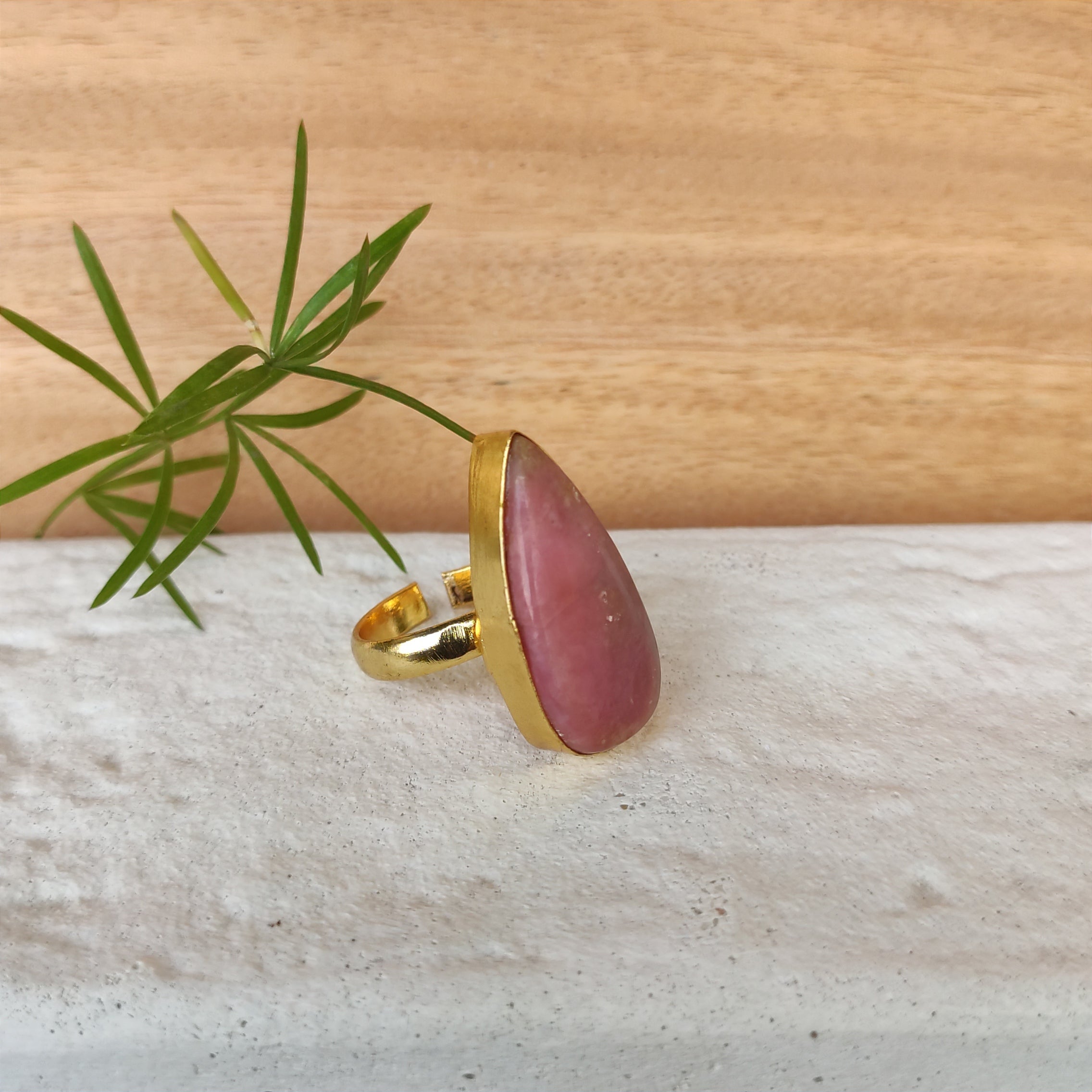Pink Rhodonite drop finger ring