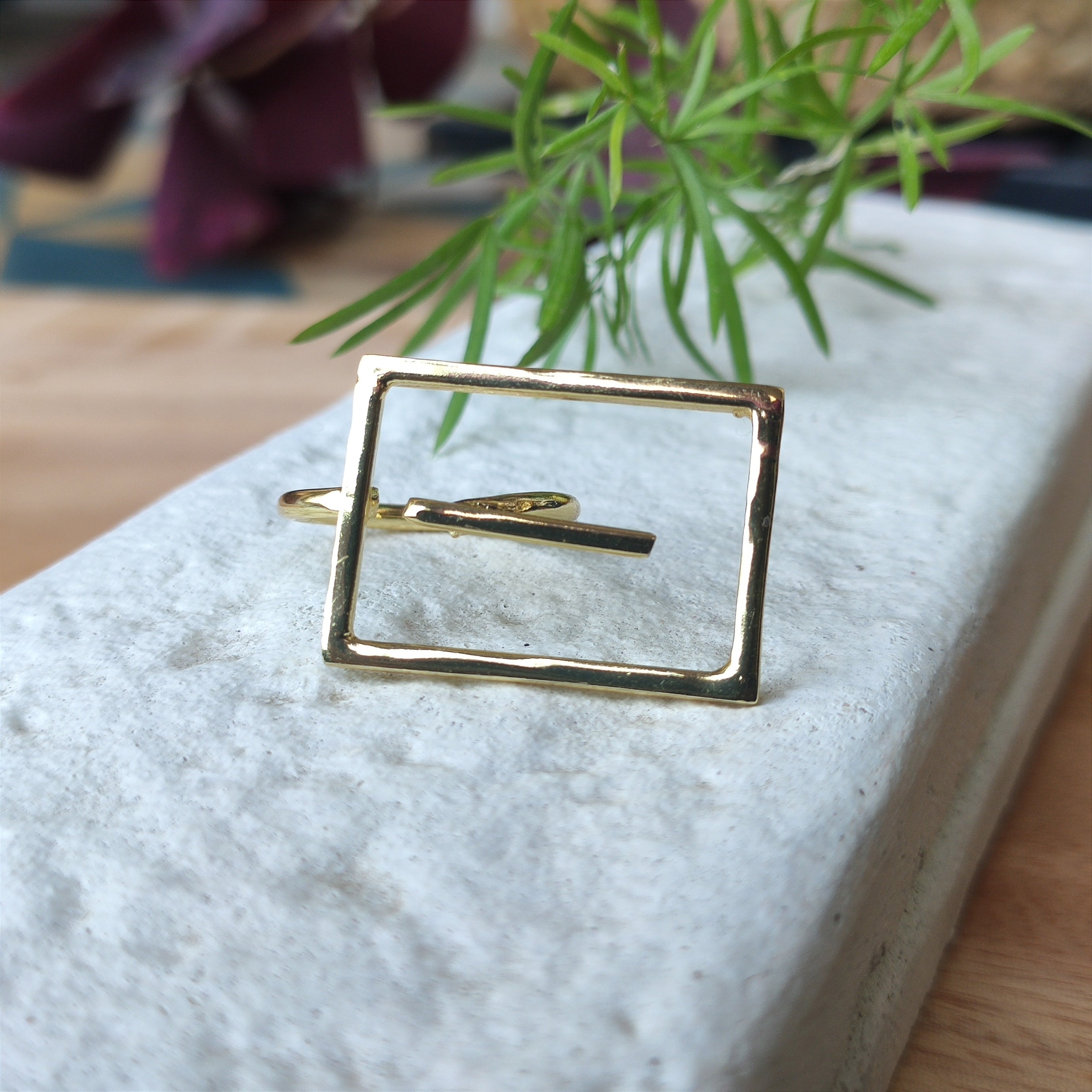 Gold rectangle two finger ring