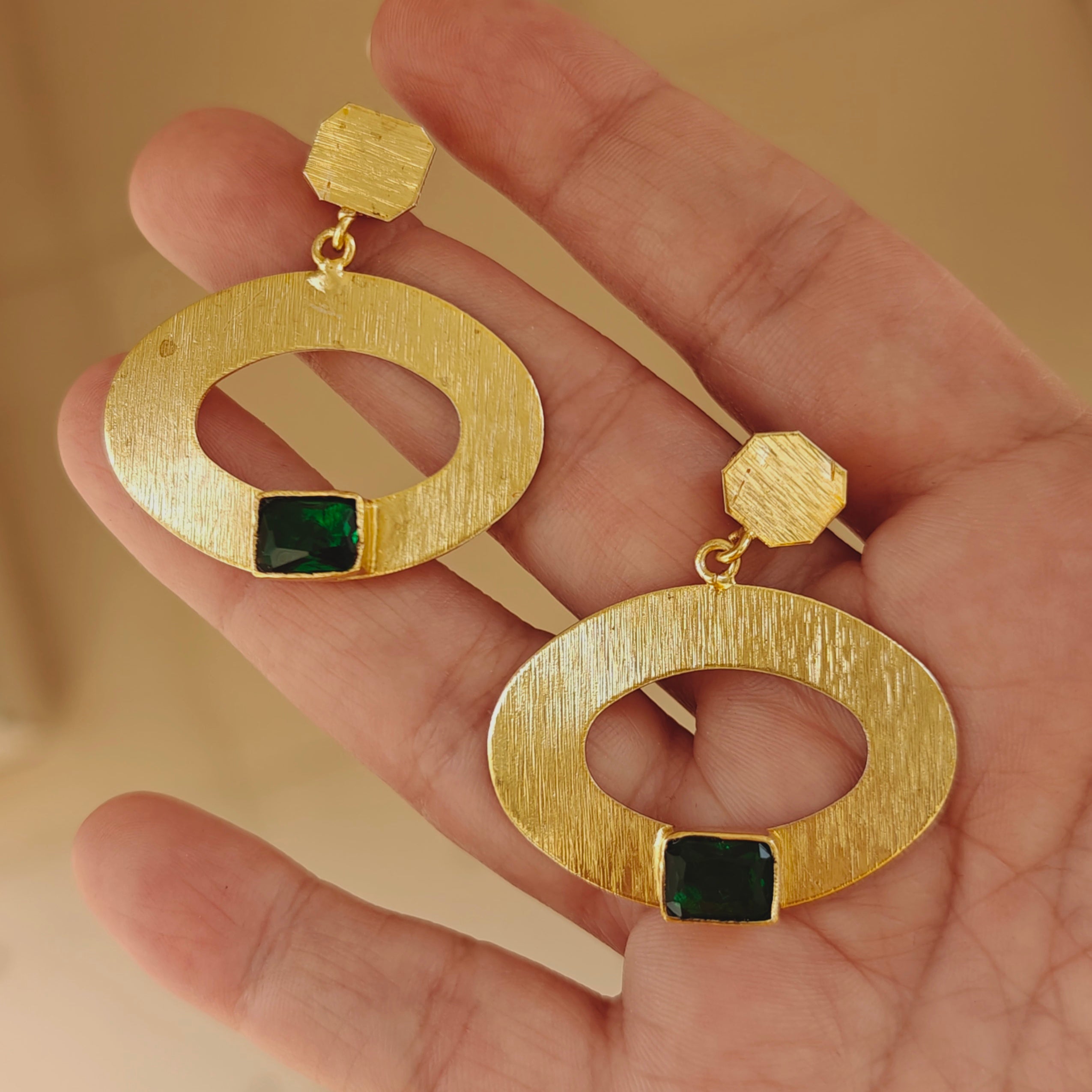 Emerald Orbit Gold Drop Earrings